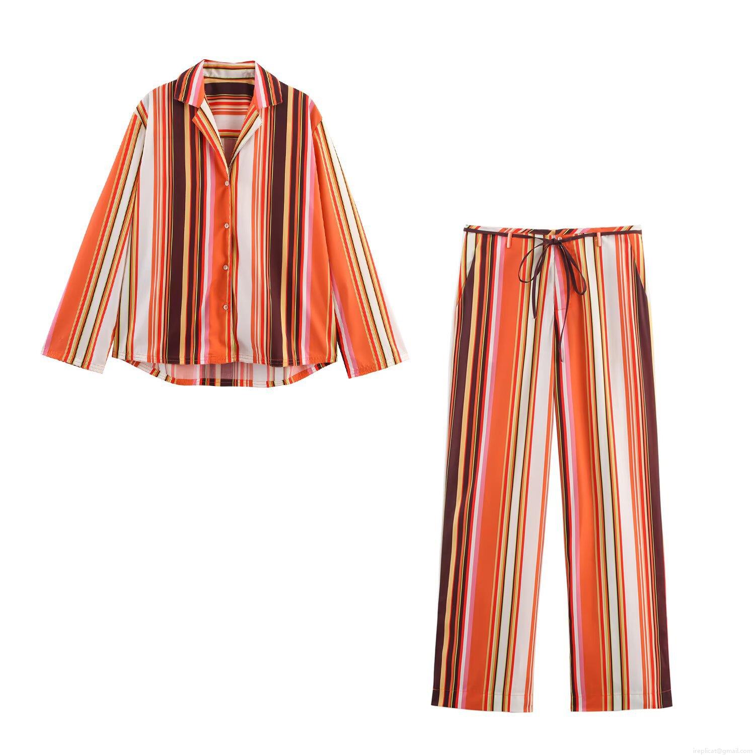 Women's 2 Piece Outfit Set Polyester Multi-color Vertical Stripe Long Sleeve Button Down Shirt And Drawstring Straight Leg Pants Casual Streetwear Women's 2 Piece Outfit Set Polyester Multi-color Vertical Stripe Long Sleeve Button Down Shirt And Drawstring Straight Leg Pants Casual Streetwear