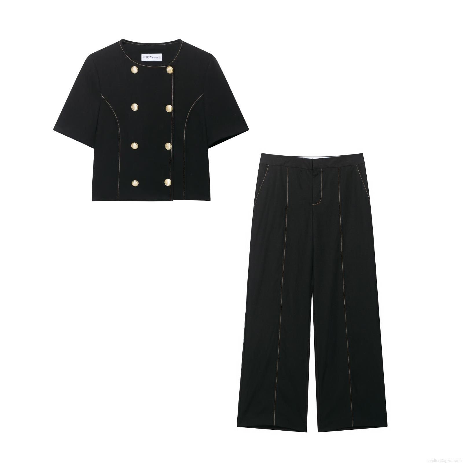 Women Polyester Blazer and Pants Set Short Sleeve Double Breasted Top High Waist Wide Leg Trousers With Contrast Stitching Streetwear Office Suit Women Polyester Blazer and Pants Set Short Sleeve Double Breasted Top High Waist Wide Leg Trousers With Contrast Stitching Streetwear Office Suit