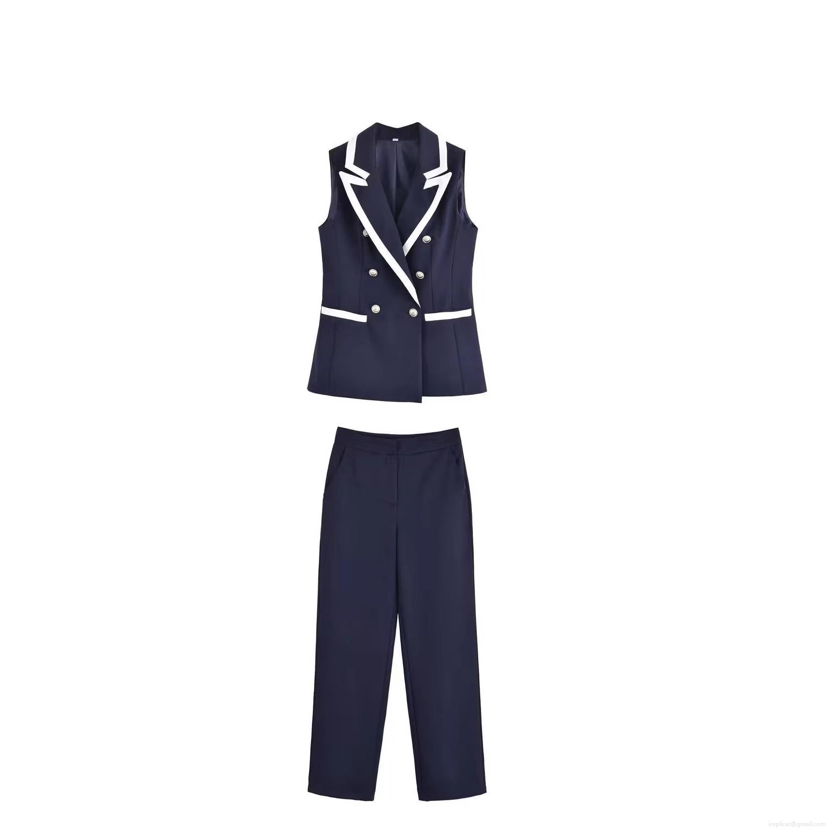 Women's Sleeveless Double Breasted Vest And Straight Leg Pants Two Piece Set Navy Blue Contrast Trim Suit For Office Street Wear Women's Sleeveless Double Breasted Vest And Straight Leg Pants Two Piece Set Navy Blue Contrast Trim Suit For Office Street Wear