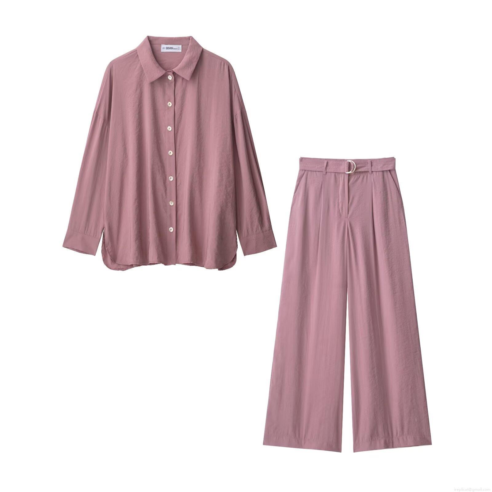 Women's 2 Piece Pants Set Casual Long Sleeve Button Down Shirt and High Waist Wide Leg Pants with Belt Dusty Rose Solid Color Streetwear Sets Women's 2 Piece Pants Set Casual Long Sleeve Button Down Shirt and High Waist Wide Leg Pants with Belt Dusty Rose Solid Color Streetwear Sets