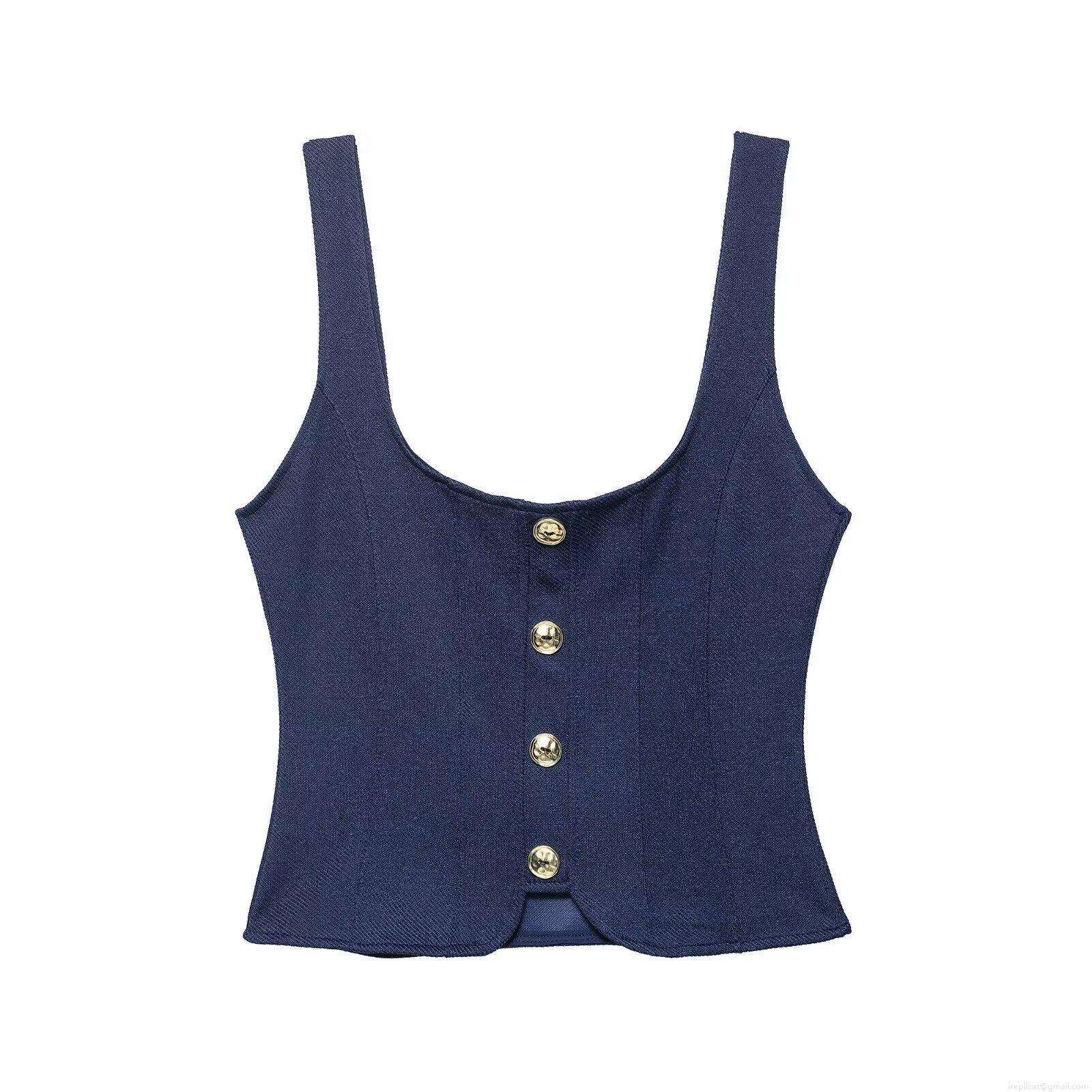 Women\'s Casual Polyester 2 Piece Sets Dark Blue Sleeveless Button Vest Crop Top High Waist Wide Leg Pants With Belt For Streetwear Autumn Fashion
