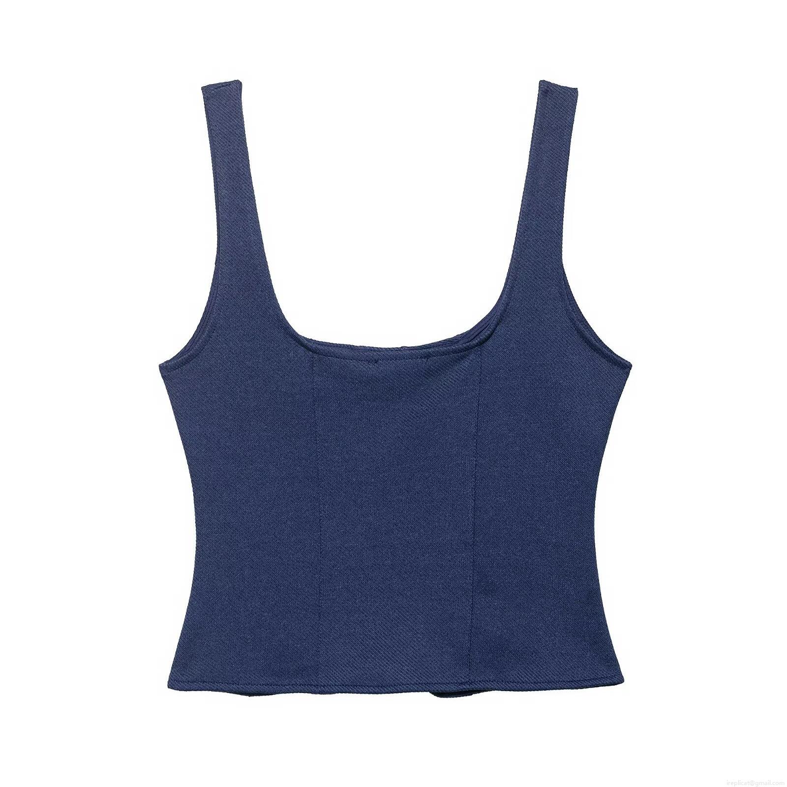 Women\'s Casual Polyester 2 Piece Sets Dark Blue Sleeveless Button Vest Crop Top High Waist Wide Leg Pants With Belt For Streetwear Autumn Fashion