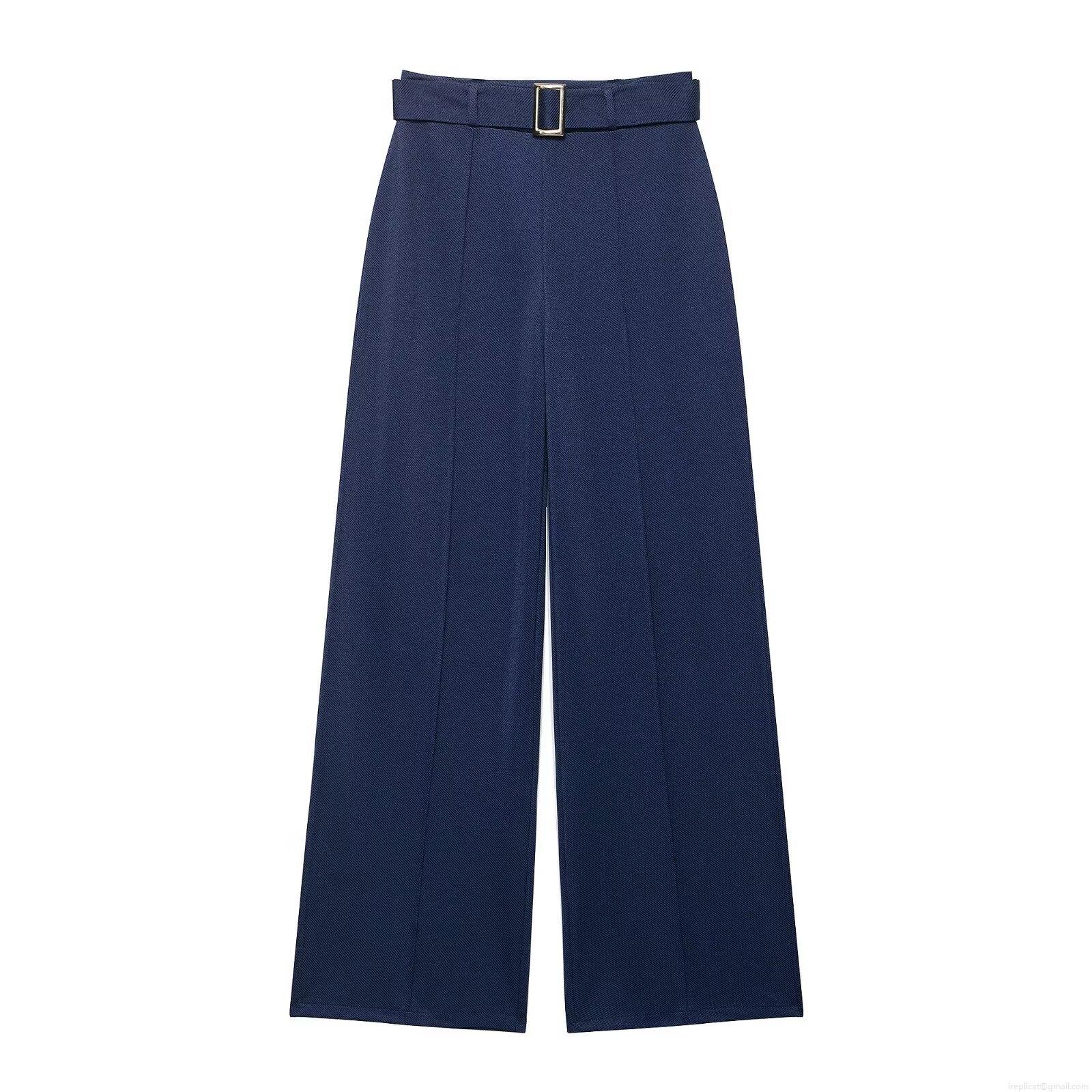Women\'s Casual Polyester 2 Piece Sets Dark Blue Sleeveless Button Vest Crop Top High Waist Wide Leg Pants With Belt For Streetwear Autumn Fashion