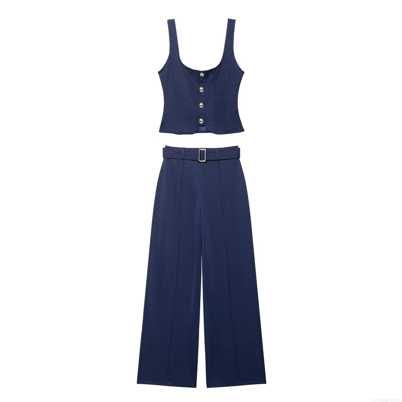 Women\'s Casual Polyester 2 Piece Sets Dark Blue Sleeveless Button Vest Crop Top High Waist Wide Leg Pants With Belt For Streetwear Autumn Fashion