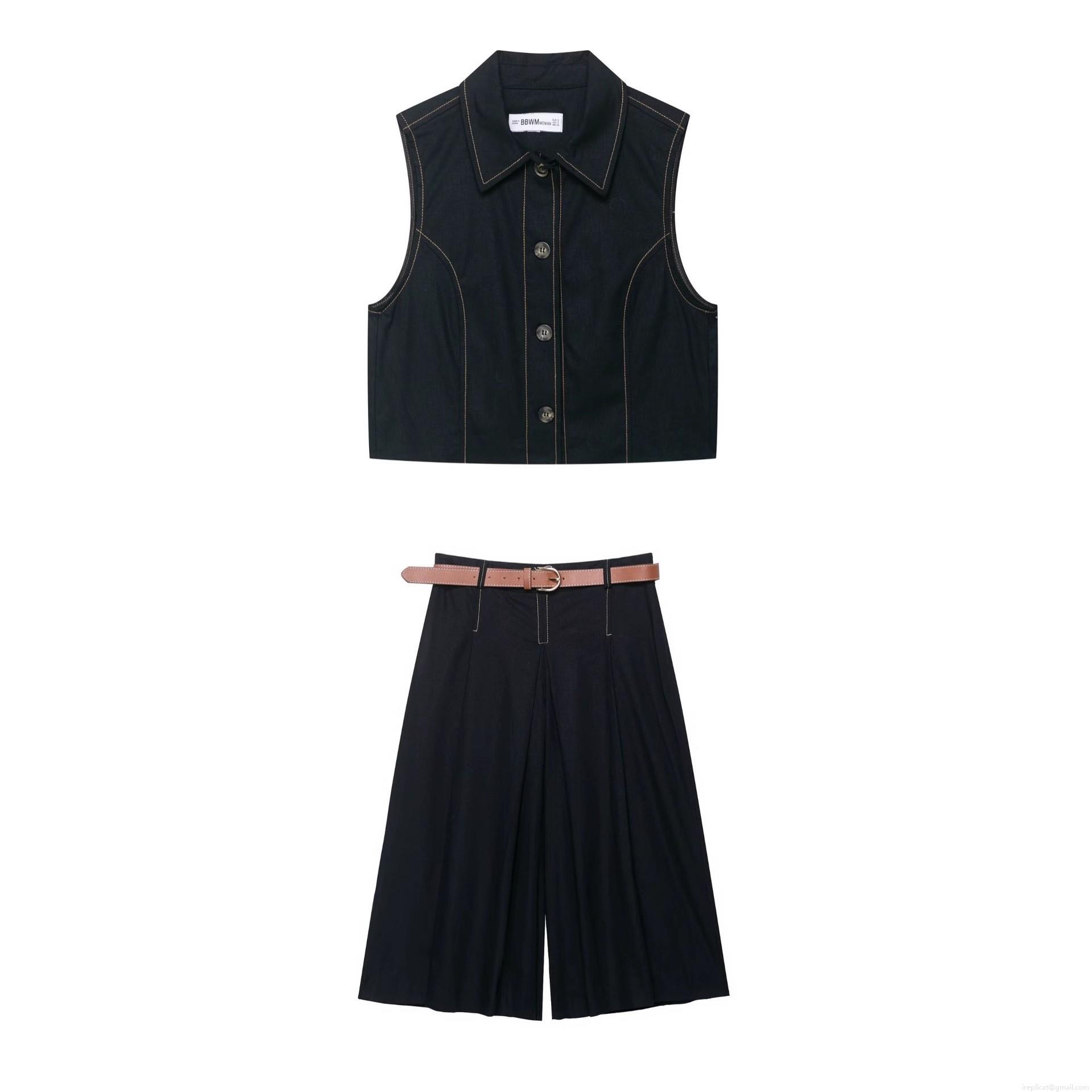 Women's 2-Piece Vest And Trousers Set Contrast Stitching Sleeveless Waistcoat With Wide Leg Pants Brown Faux Leather Belt Utility Streetwear Fall Outfit Women's 2-Piece Vest And Trousers Set Contrast Stitching Sleeveless Waistcoat With Wide Leg Pants Brown Faux Leather Belt Utility Streetwear Fall Outfit