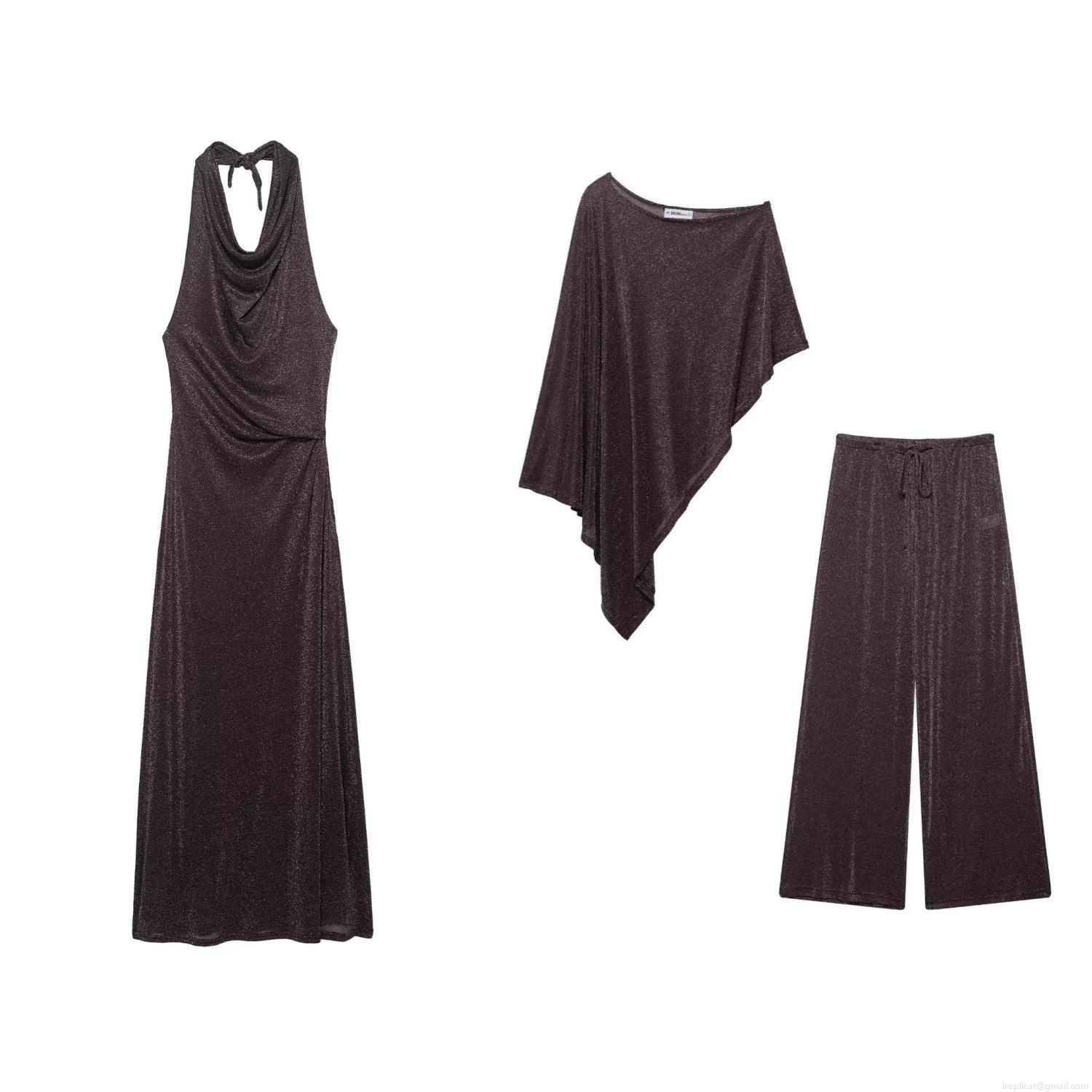 Women's Sexy Shiny Metallic Lurex Three Piece Set Asymmetric Poncho Top Halter Neck Maxi Dress And Wide Leg Pants Glitter Fabric Party Clubwear Outfits Women's Sexy Shiny Metallic Lurex Three Piece Set Asymmetric Poncho Top Halter Neck Maxi Dress And Wide Leg Pants Glitter Fabric Party Clubwear Outfits