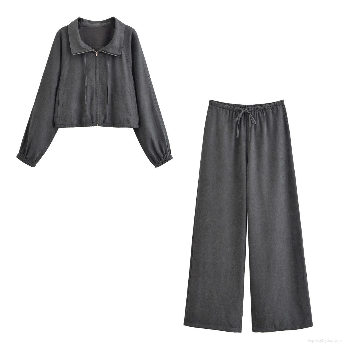 Women European Style Two Piece Set Suede Texture Short Zipper Jacket And High Waist Wide Leg Drawstring Pants Casual Streetwear 2025 Autumn Outfits Women European Style Two Piece Set Suede Texture Short Zipper Jacket And High Waist Wide Leg Drawstring Pants Casual Streetwear 2025 Autumn Outfits