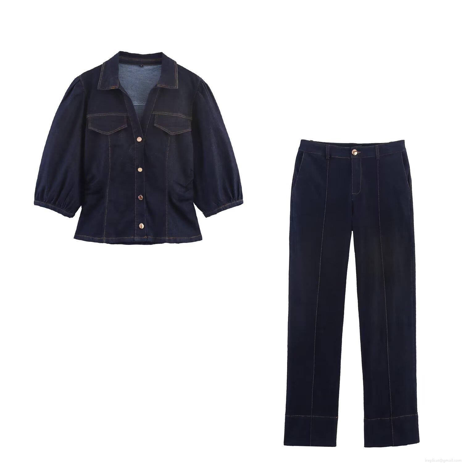 Women Retro Denim Two Piece Outfit Set Puff Sleeve Button Down Shirt Top And Straight Leg Jeans Pants Contrast Stitching Streetwear Casual Set Women Retro Denim Two Piece Outfit Set Puff Sleeve Button Down Shirt Top And Straight Leg Jeans Pants Contrast Stitching Streetwear Casual Set