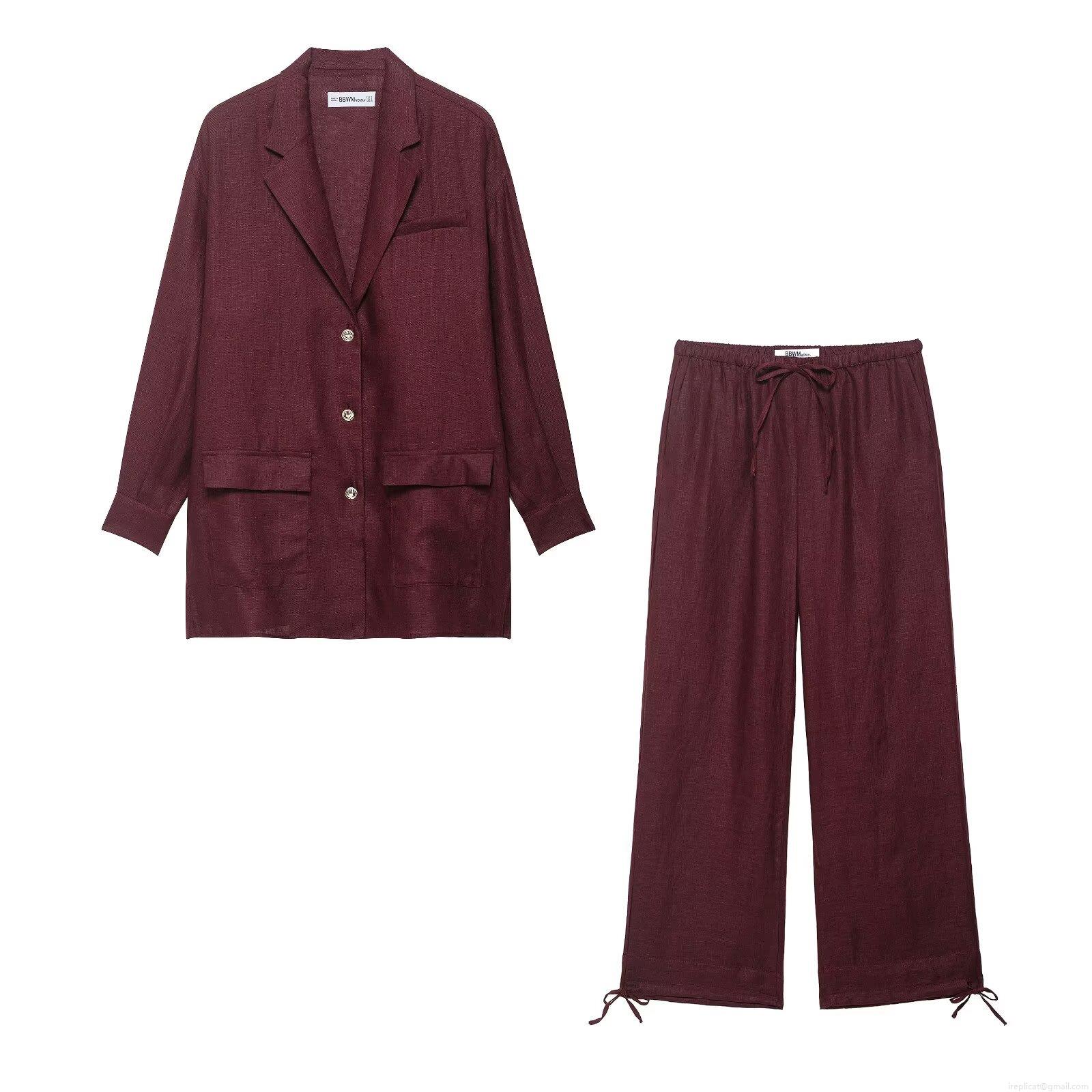 Women Elegant Wine Red Blazer And Pants Set Solid Color Long Sleeve Notch Lapel Jacket With Drawstring Tapered Trousers Two Piece Suit For Office Commute Street Style Women Elegant Wine Red Blazer And Pants Set Solid Color Long Sleeve Notch Lapel Jacket With Drawstring Tapered Trousers Two Piece Suit For Office Commute Street Style