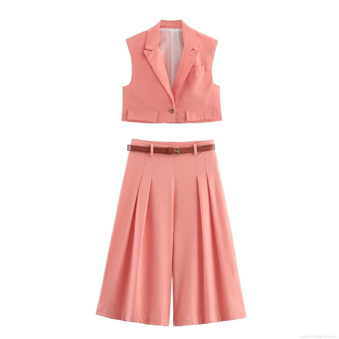 Women-s 2-Piece Fashion Set Short Sleeveless Lapel Vest And High Waist Pleated Wide Leg Pants With Belt Coral Pink Polyester Streetwear Casual Outfit For Women Women-s 2-Piece Fashion Set Short Sleeveless Lapel Vest And High Waist Pleated Wide Leg Pants With Belt Coral Pink Polyester Streetwear Casual Outfit For Women