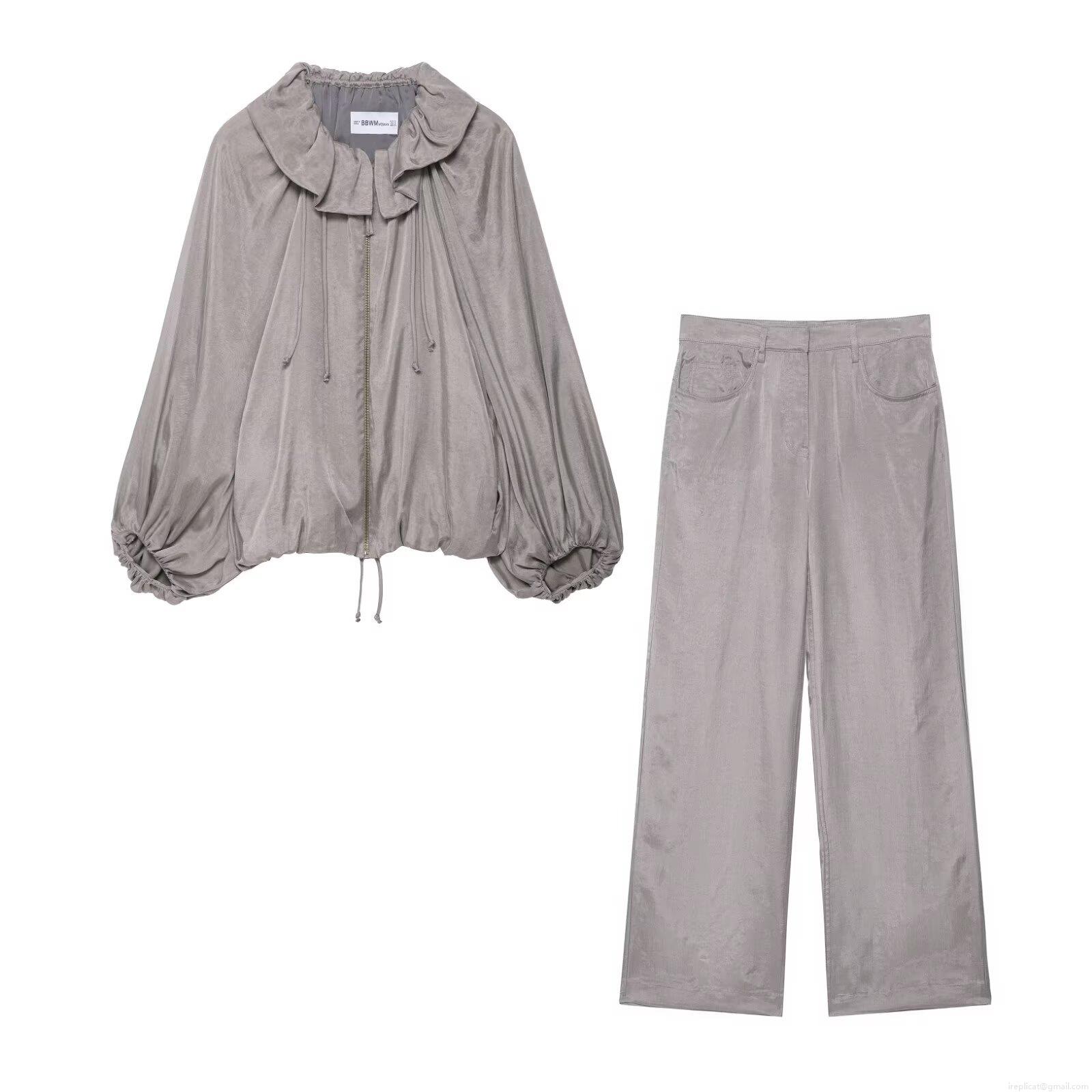 Women's Casual Two-Piece Set Ruffle Collar Zipper Bomber Jacket And Wide Leg Pants Streetwear Grey Polyester Satin Finish Tracksuit Women's Casual Two-Piece Set Ruffle Collar Zipper Bomber Jacket And Wide Leg Pants Streetwear Grey Polyester Satin Finish Tracksuit