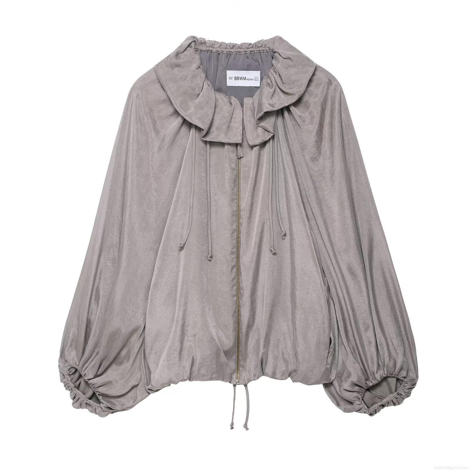 Women\'s Casual Two-Piece Set Ruffle Collar Zipper Bomber Jacket And Wide Leg Pants Streetwear Grey Polyester Satin Finish Tracksuit