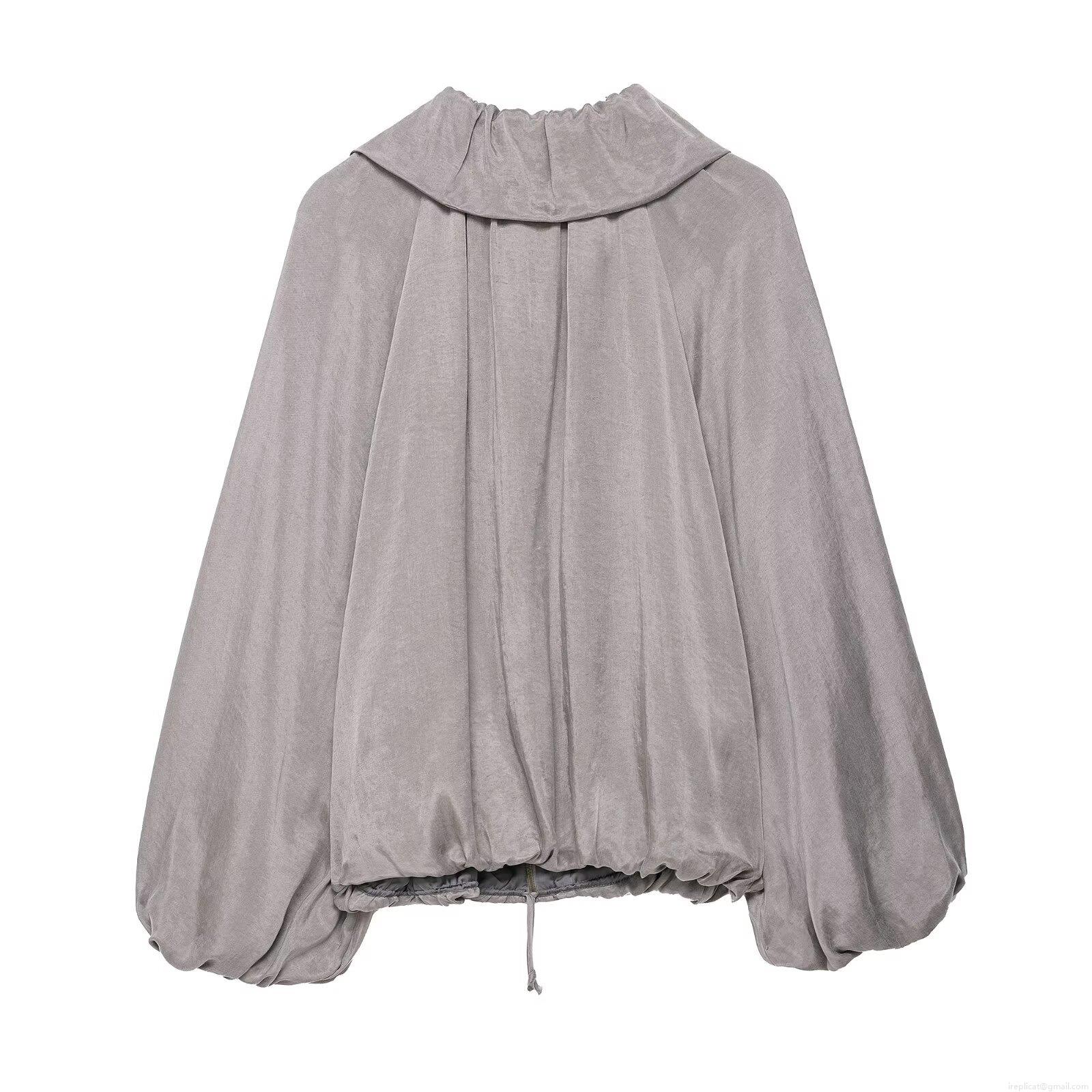 Women\'s Casual Two-Piece Set Ruffle Collar Zipper Bomber Jacket And Wide Leg Pants Streetwear Grey Polyester Satin Finish Tracksuit