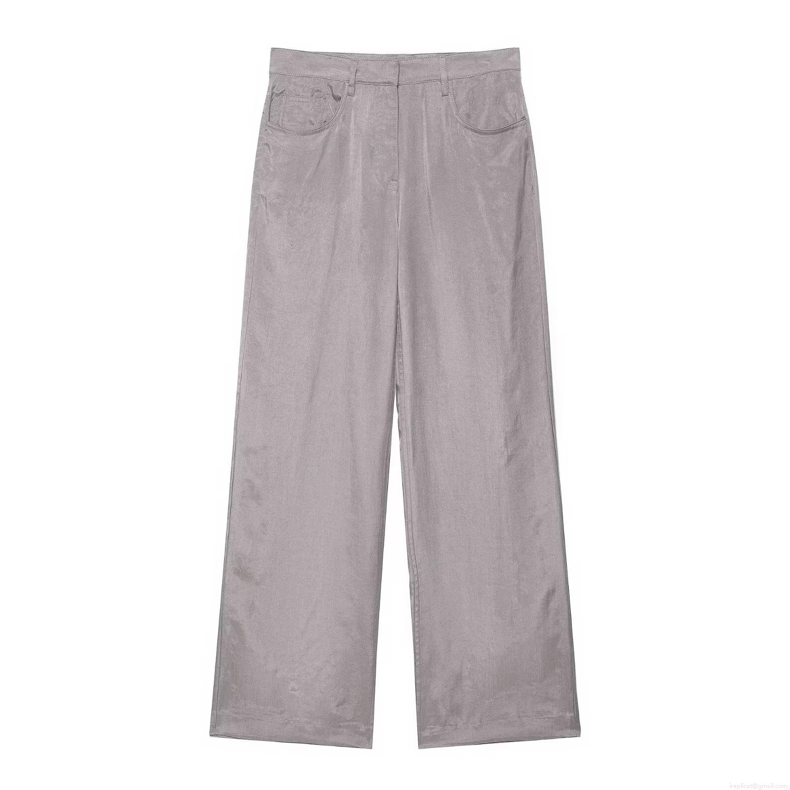 Women\'s Casual Two-Piece Set Ruffle Collar Zipper Bomber Jacket And Wide Leg Pants Streetwear Grey Polyester Satin Finish Tracksuit