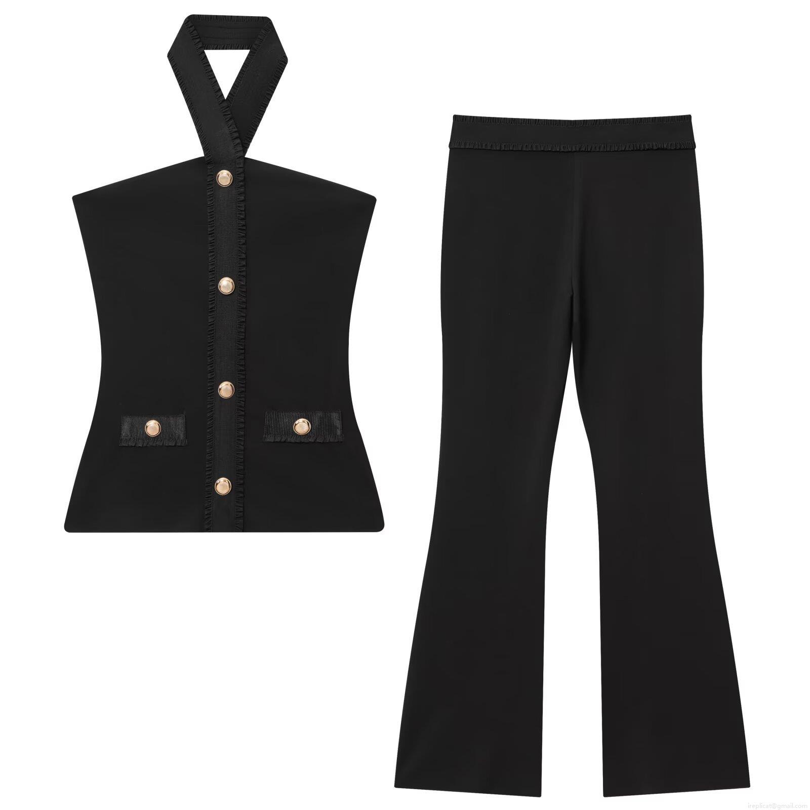 Women European American Style Black Two Piece Outfits Halter Neck Backless Top And Flared Pants Set With Gold Buttons Elegant Streetwear Casual Suit Women European American Style Black Two Piece Outfits Halter Neck Backless Top And Flared Pants Set With Gold Buttons Elegant Streetwear Casual Suit