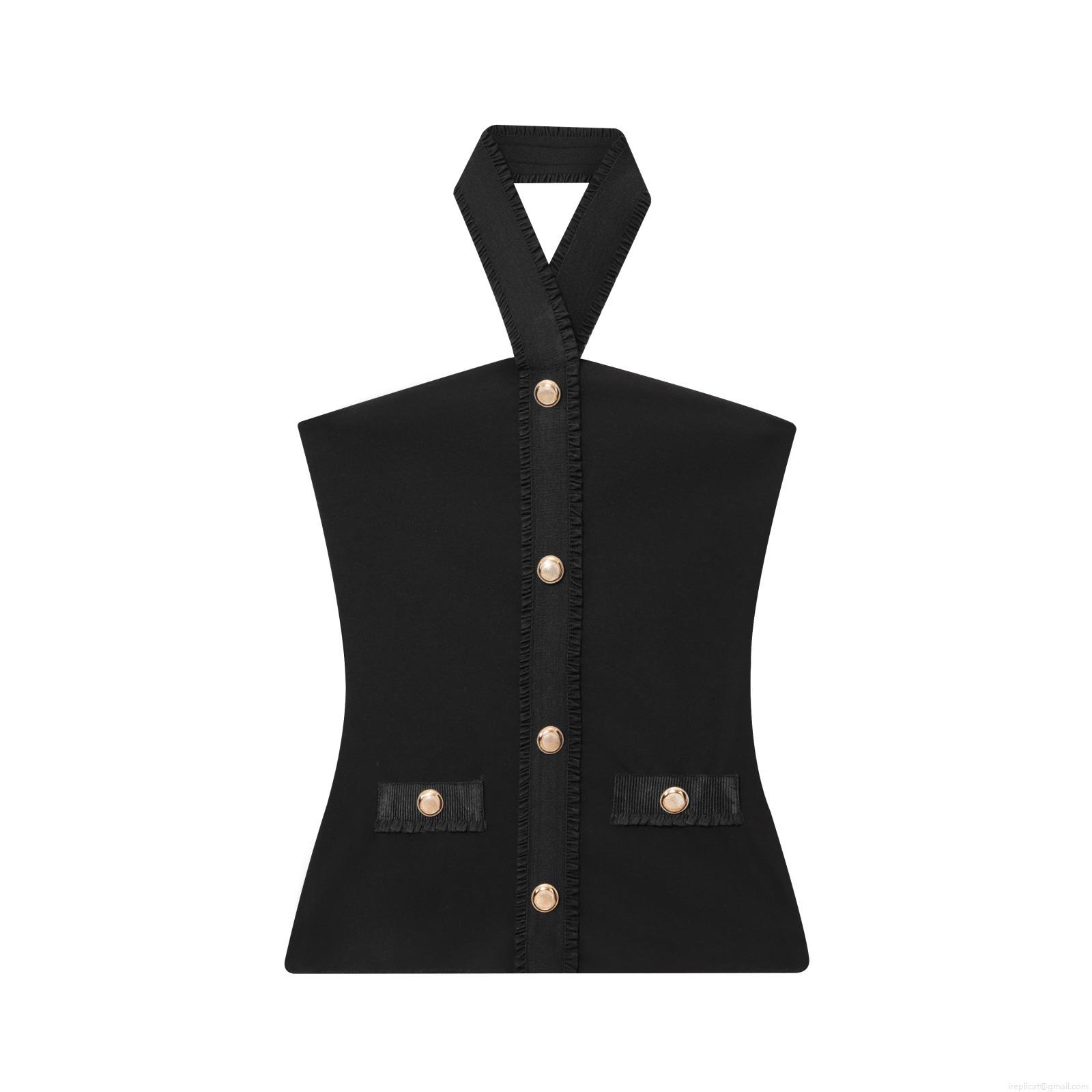Women European American Style Black Two Piece Outfits Halter Neck Backless Top And Flared Pants Set With Gold Buttons Elegant Streetwear Casual Suit