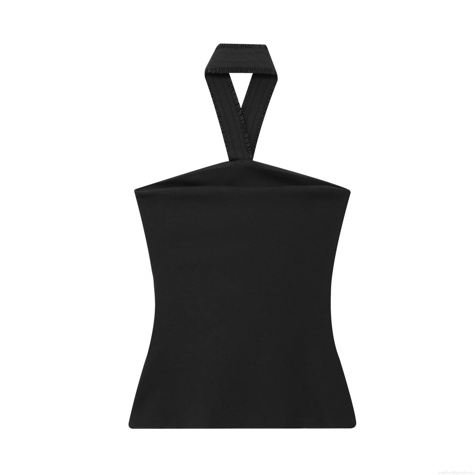 Women European American Style Black Two Piece Outfits Halter Neck Backless Top And Flared Pants Set With Gold Buttons Elegant Streetwear Casual Suit