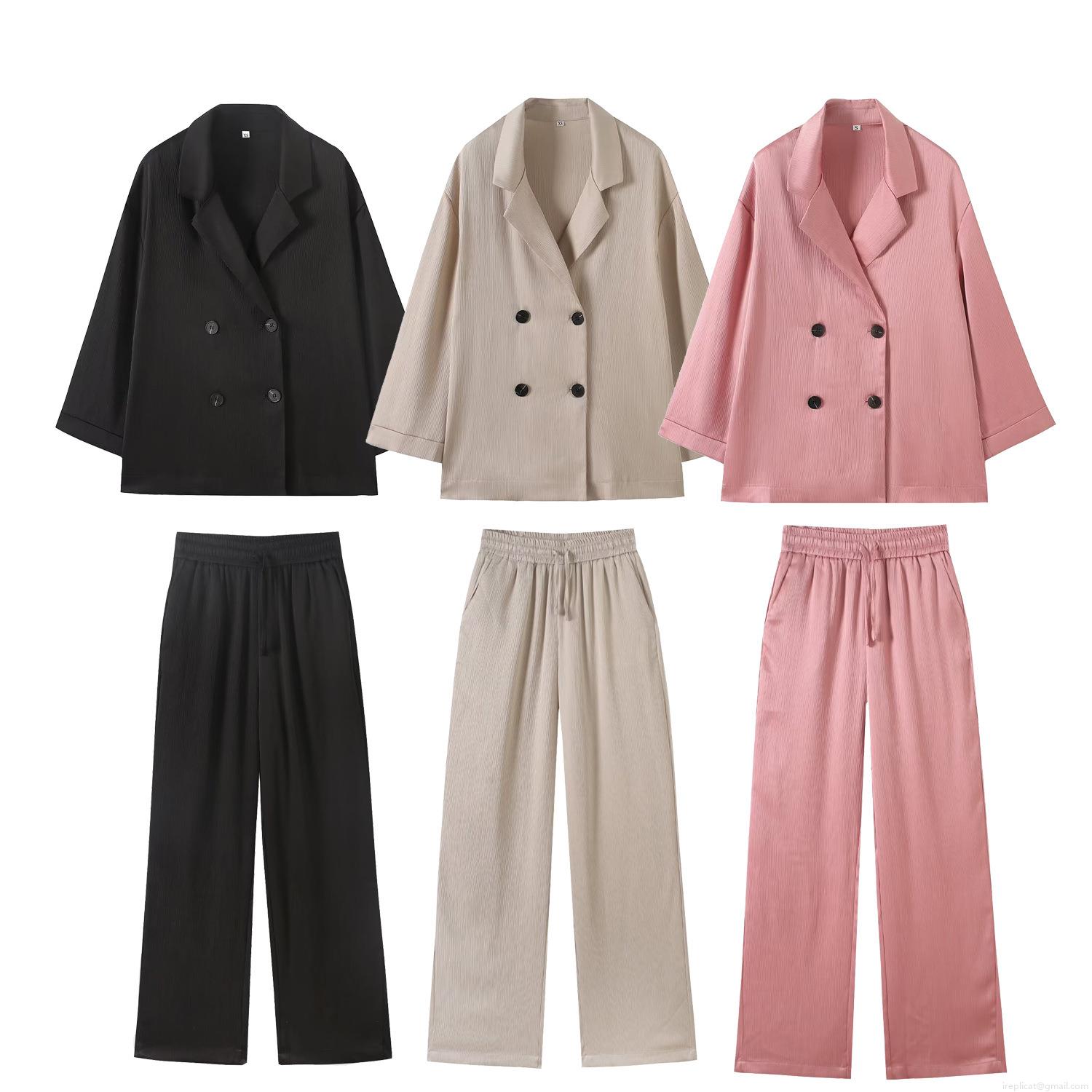 Women's 2 Piece Suit Set Pleated Texture Double Breasted Blazer Jacket and High Waist Drawstring Wide Leg Pants Casual Streetwear Solid Color Outfit Women's 2 Piece Suit Set Pleated Texture Double Breasted Blazer Jacket and High Waist Drawstring Wide Leg Pants Casual Streetwear Solid Color Outfit