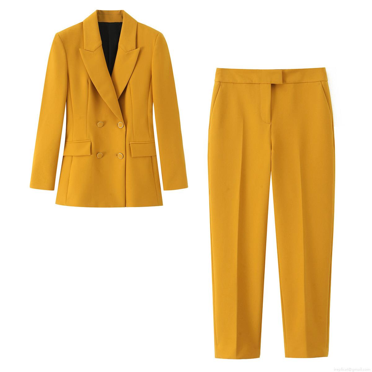Women's 2 Piece Blazer Set Polyester Double Breasted Jacket With Straight Leg Pants Office Professional Ginger Yellow Suit Elegant Ladies Streetwear Outfit Women's 2 Piece Blazer Set Polyester Double Breasted Jacket With Straight Leg Pants Office Professional Ginger Yellow Suit Elegant Ladies Streetwear Outfit