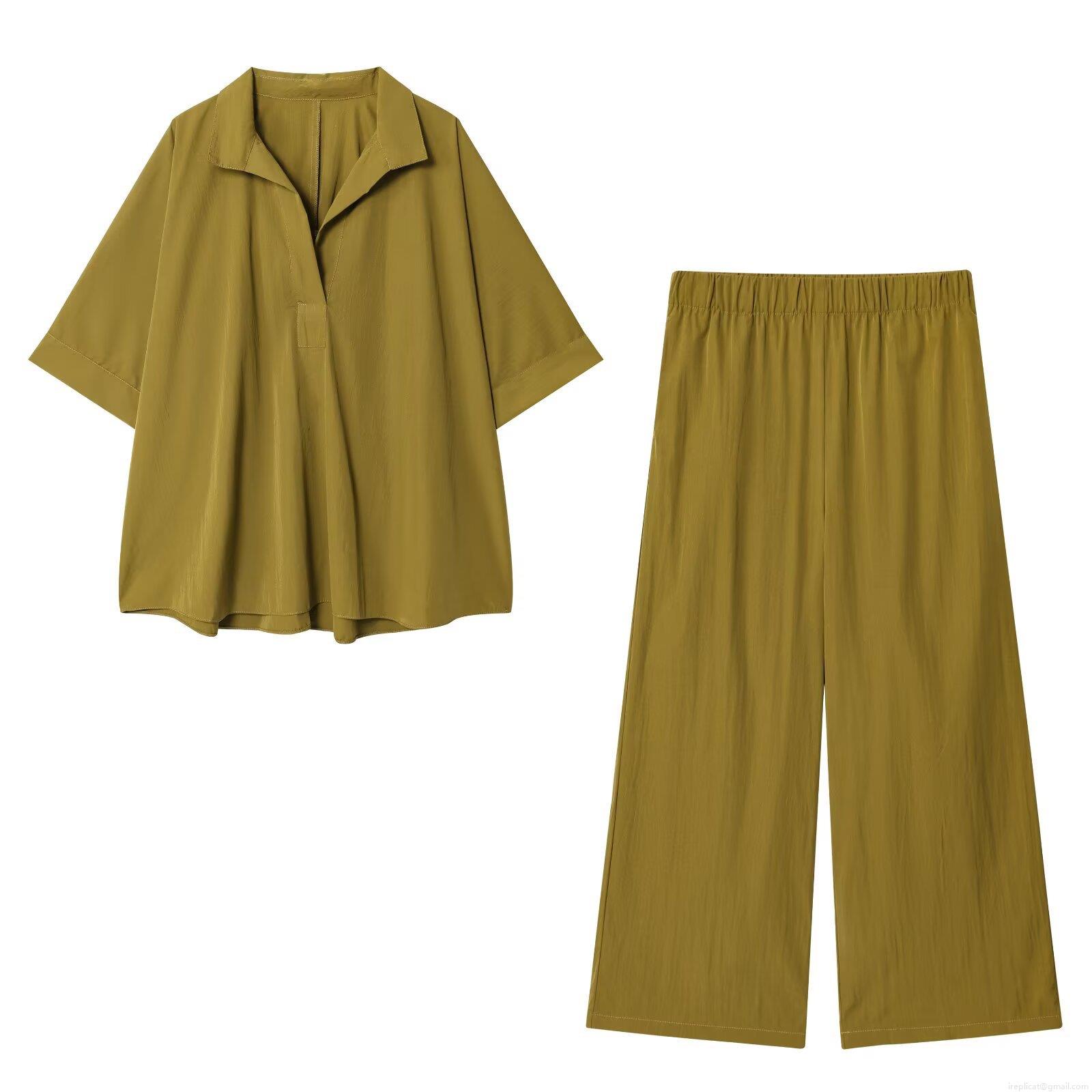 Women's Two Piece Set Solid Color Polyester Short Sleeve V-Neck Polo Shirt And Wide Leg Pants Casual Streetwear Autumn Outfits Loungewear Women's Two Piece Set Solid Color Polyester Short Sleeve V-Neck Polo Shirt And Wide Leg Pants Casual Streetwear Autumn Outfits Loungewear