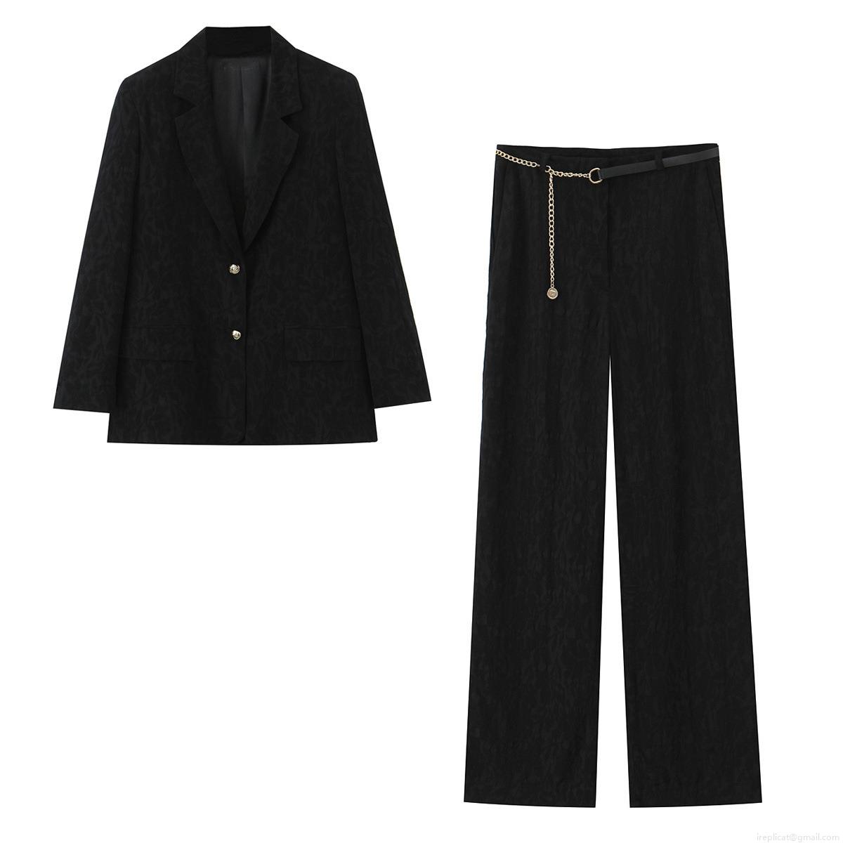 Women's Elegant Jacquard Blazer And Pants Set With Metal Chain Belt Shoulder Padded Long Sleeve Black Street Style Suit For Office Party Ladies Women's Elegant Jacquard Blazer And Pants Set With Metal Chain Belt Shoulder Padded Long Sleeve Black Street Style Suit For Office Party Ladies