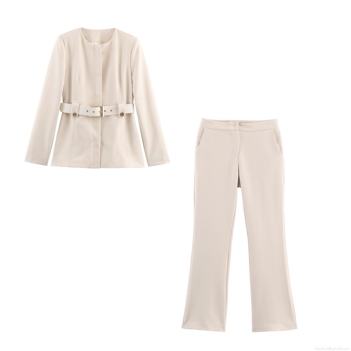 Women's Professional Blazer Pants Set Solid Polyester Long Sleeve Crew Neck Belted Blazer And High Waist Flare Pants Office Lady Suit Set Women's Professional Blazer Pants Set Solid Polyester Long Sleeve Crew Neck Belted Blazer And High Waist Flare Pants Office Lady Suit Set