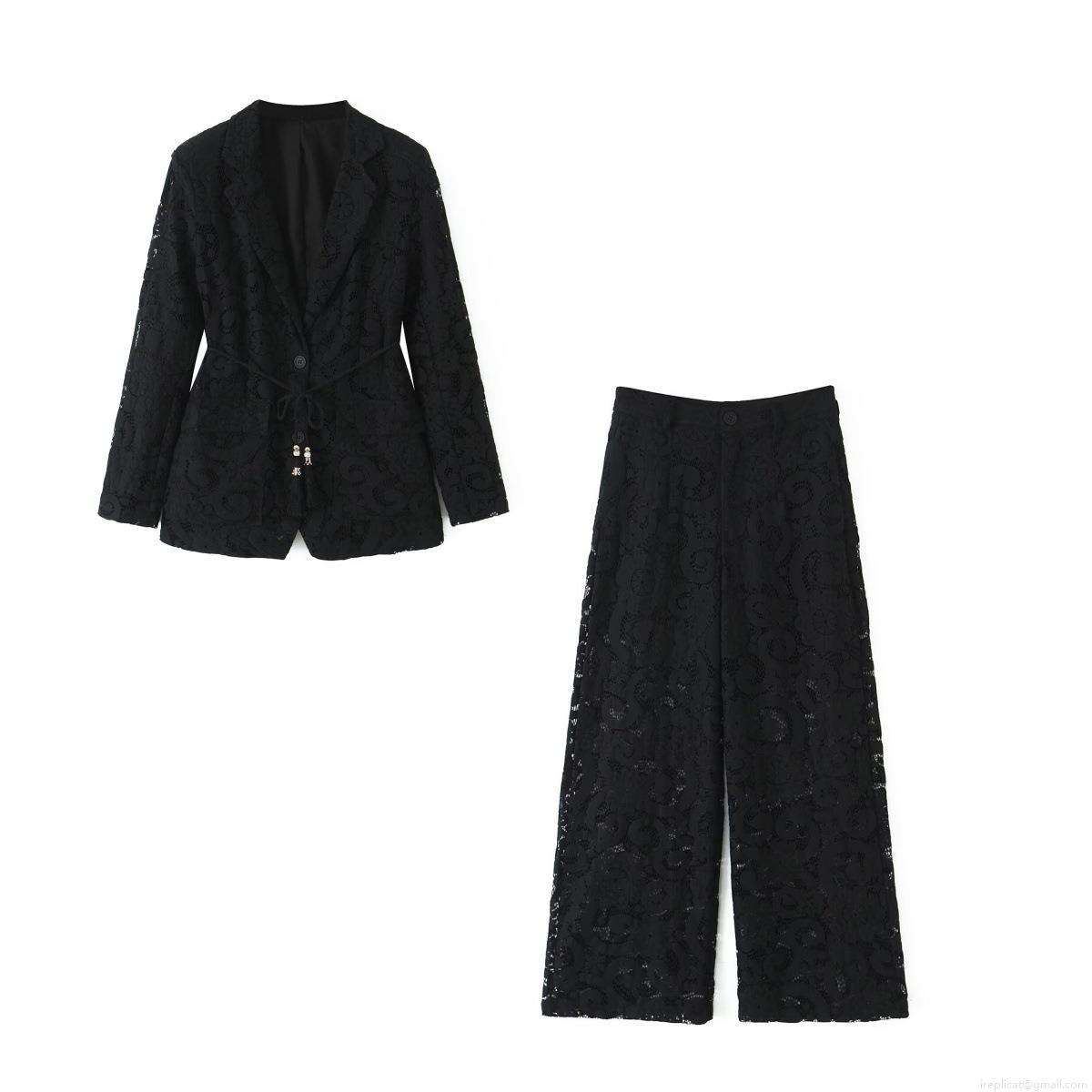 Women's Elegant Black Lace Suit Set Two Piece Floral Hollow Out Blazer Jacket and Wide Leg Pants Streetwear Autumn Office Outfits With Braided Belt Women's Elegant Black Lace Suit Set Two Piece Floral Hollow Out Blazer Jacket and Wide Leg Pants Streetwear Autumn Office Outfits With Braided Belt