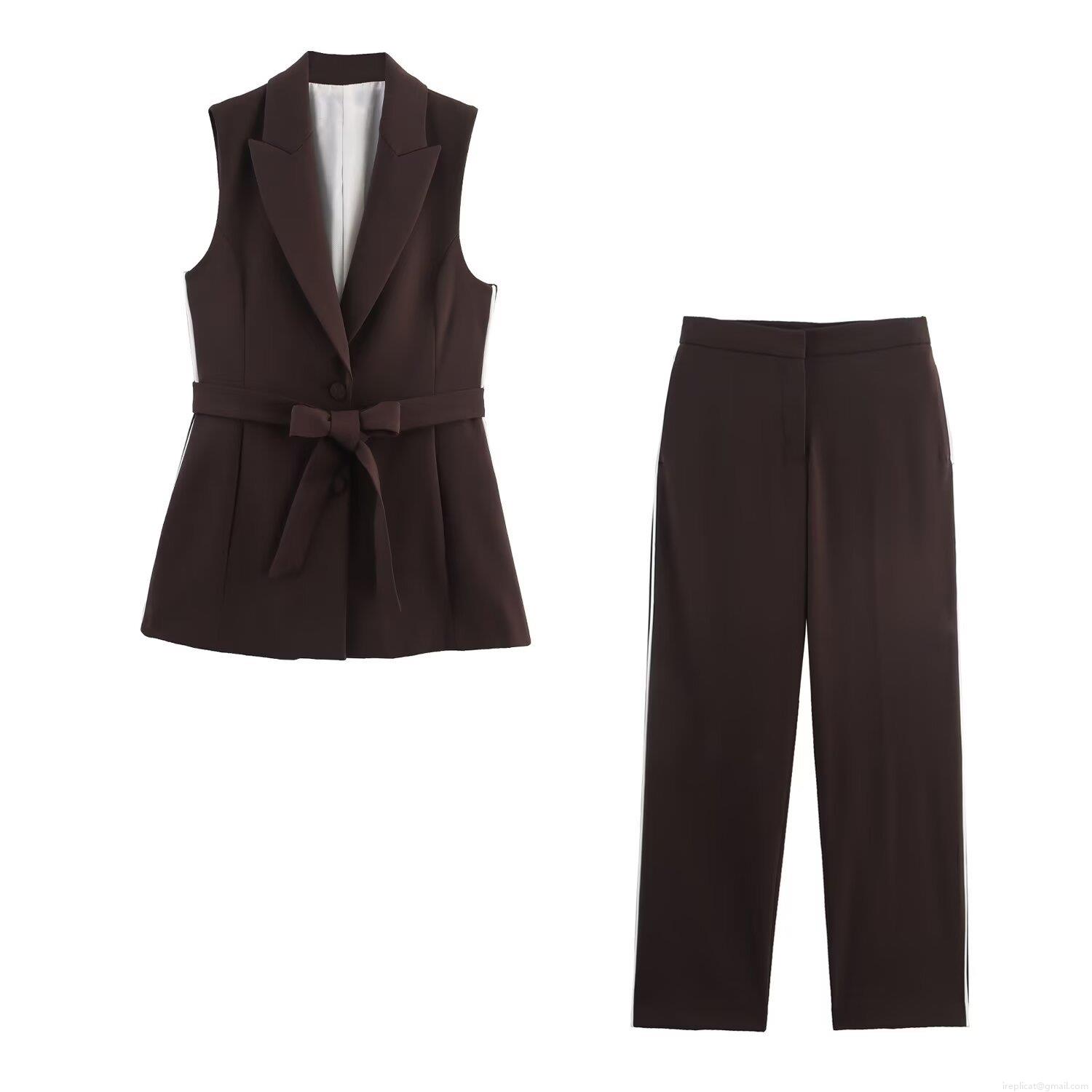 Women's 2 Piece Polyester Outfit Sleeveless Lapel Vest With Butterfly Knot Belt And Straight Leg Pants White Side Stripe Detailing Dark Brown Elegant Commute Streetwear Casual Set Women's 2 Piece Polyester Outfit Sleeveless Lapel Vest With Butterfly Knot Belt And Straight Leg Pants White Side Stripe Detailing Dark Brown Elegant Commute Streetwear Casual Set