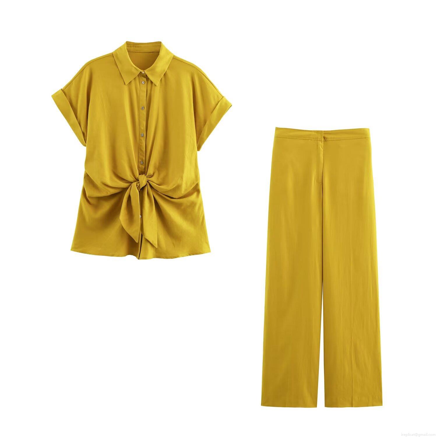 Women's Casual 2 Piece Sets Linen Blend Tie Knot Shirt And High Waist Wide Leg Pants Streetwear Outfits For Women Autumn Mustard Yellow Women's Casual 2 Piece Sets Linen Blend Tie Knot Shirt And High Waist Wide Leg Pants Streetwear Outfits For Women Autumn Mustard Yellow