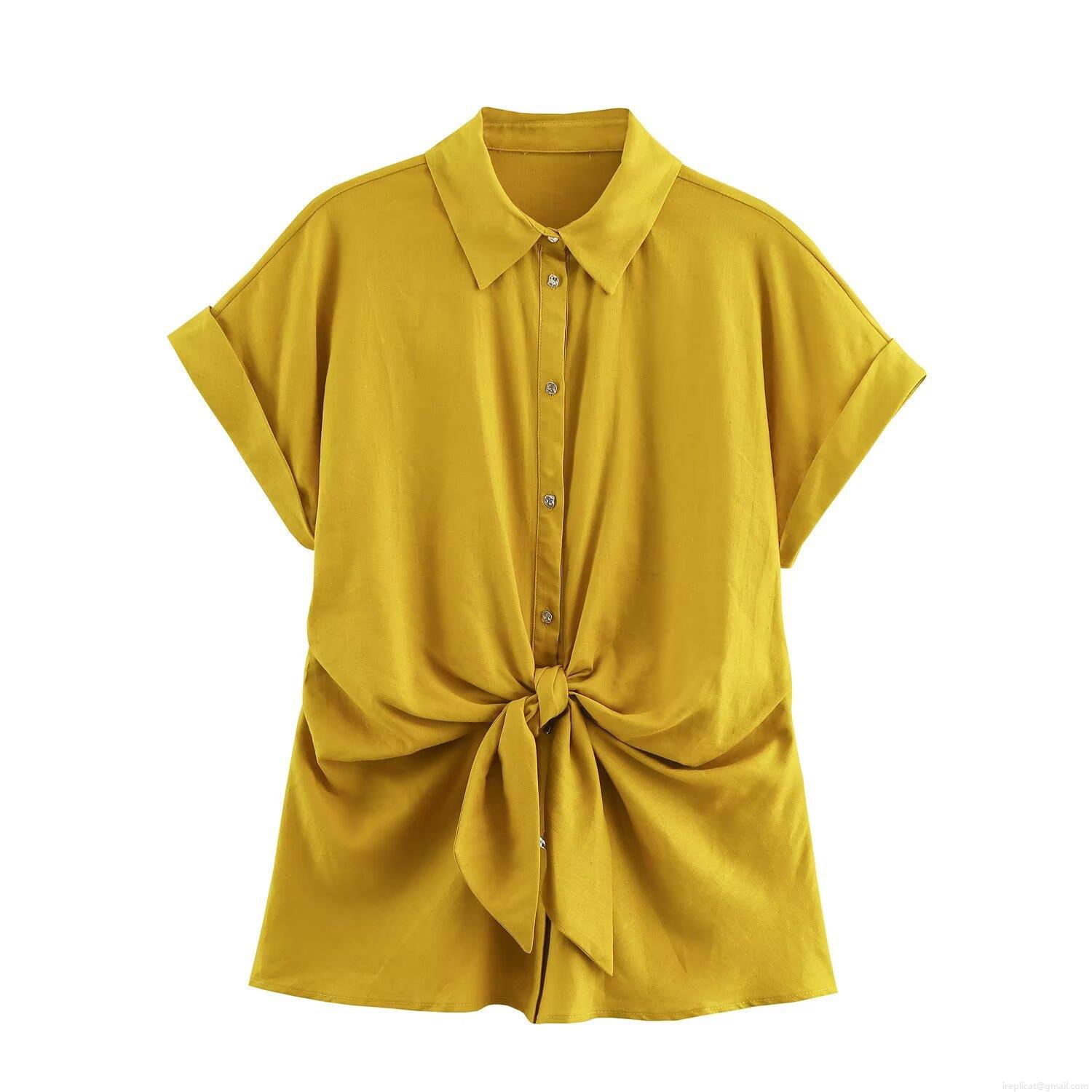 Women\'s Casual 2 Piece Sets Linen Blend Tie Knot Shirt And High Waist Wide Leg Pants Streetwear Outfits For Women Autumn Mustard Yellow
