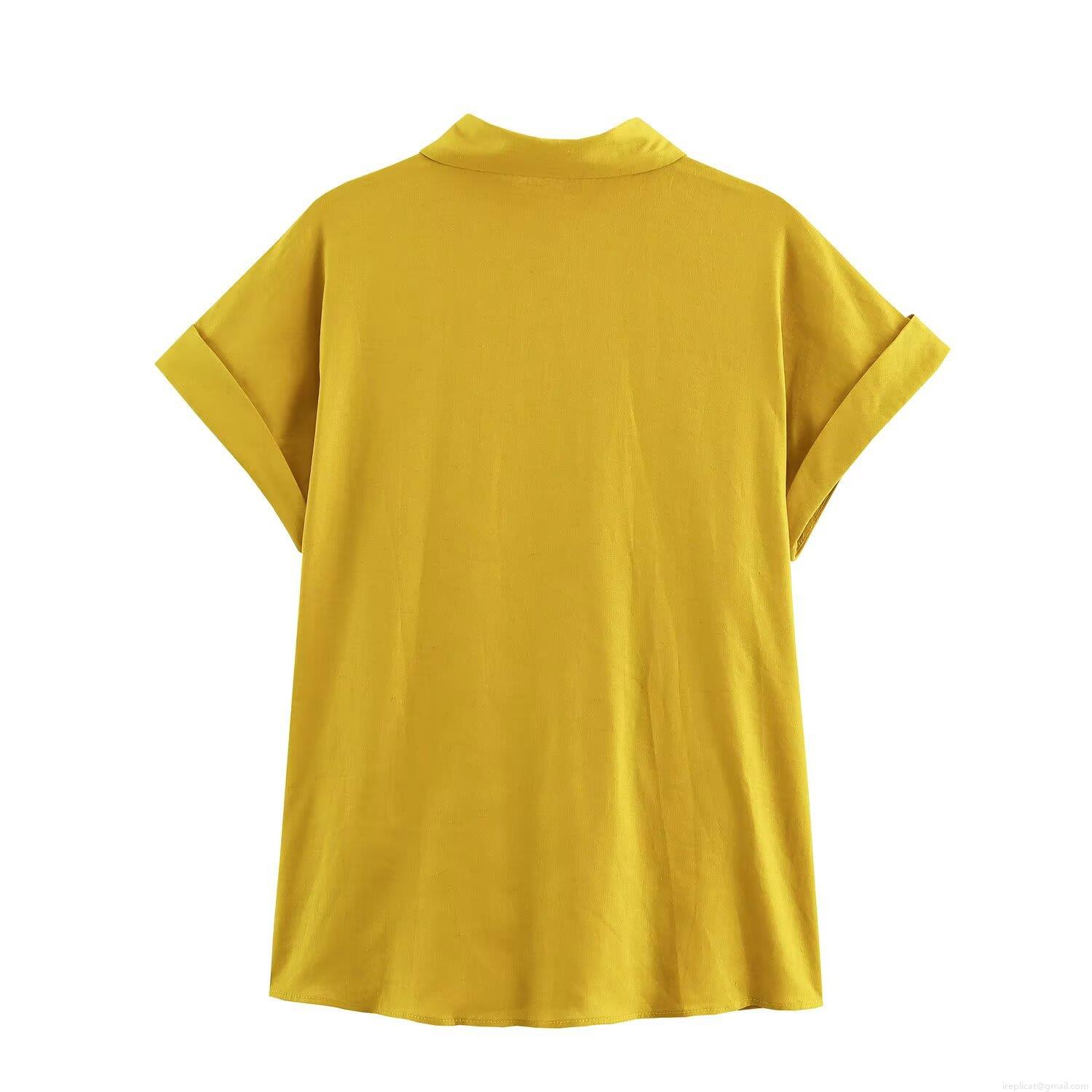 Women\'s Casual 2 Piece Sets Linen Blend Tie Knot Shirt And High Waist Wide Leg Pants Streetwear Outfits For Women Autumn Mustard Yellow