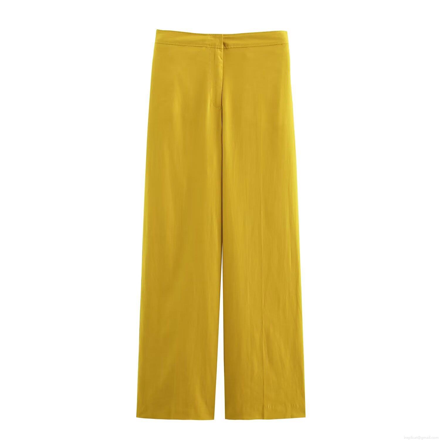Women\'s Casual 2 Piece Sets Linen Blend Tie Knot Shirt And High Waist Wide Leg Pants Streetwear Outfits For Women Autumn Mustard Yellow
