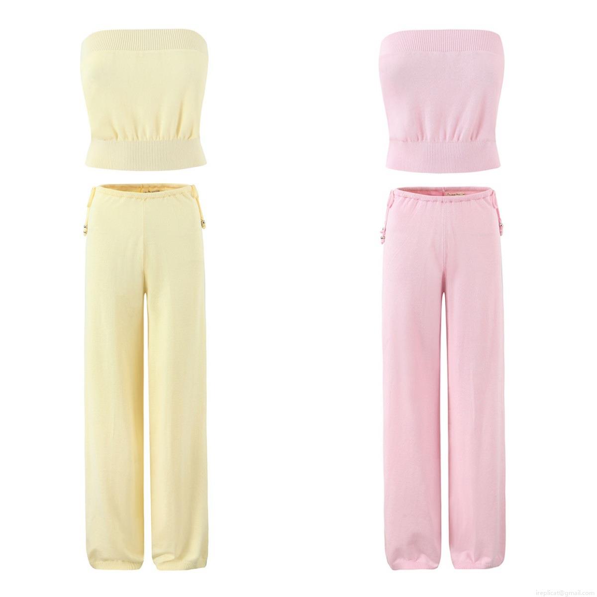 Women's Two-Piece Knit Set Solid Color Strapless Tube Top And Wide Leg Drawstring Pants Set European Style Streetwear Casual Outfits Women's Two-Piece Knit Set Solid Color Strapless Tube Top And Wide Leg Drawstring Pants Set European Style Streetwear Casual Outfits
