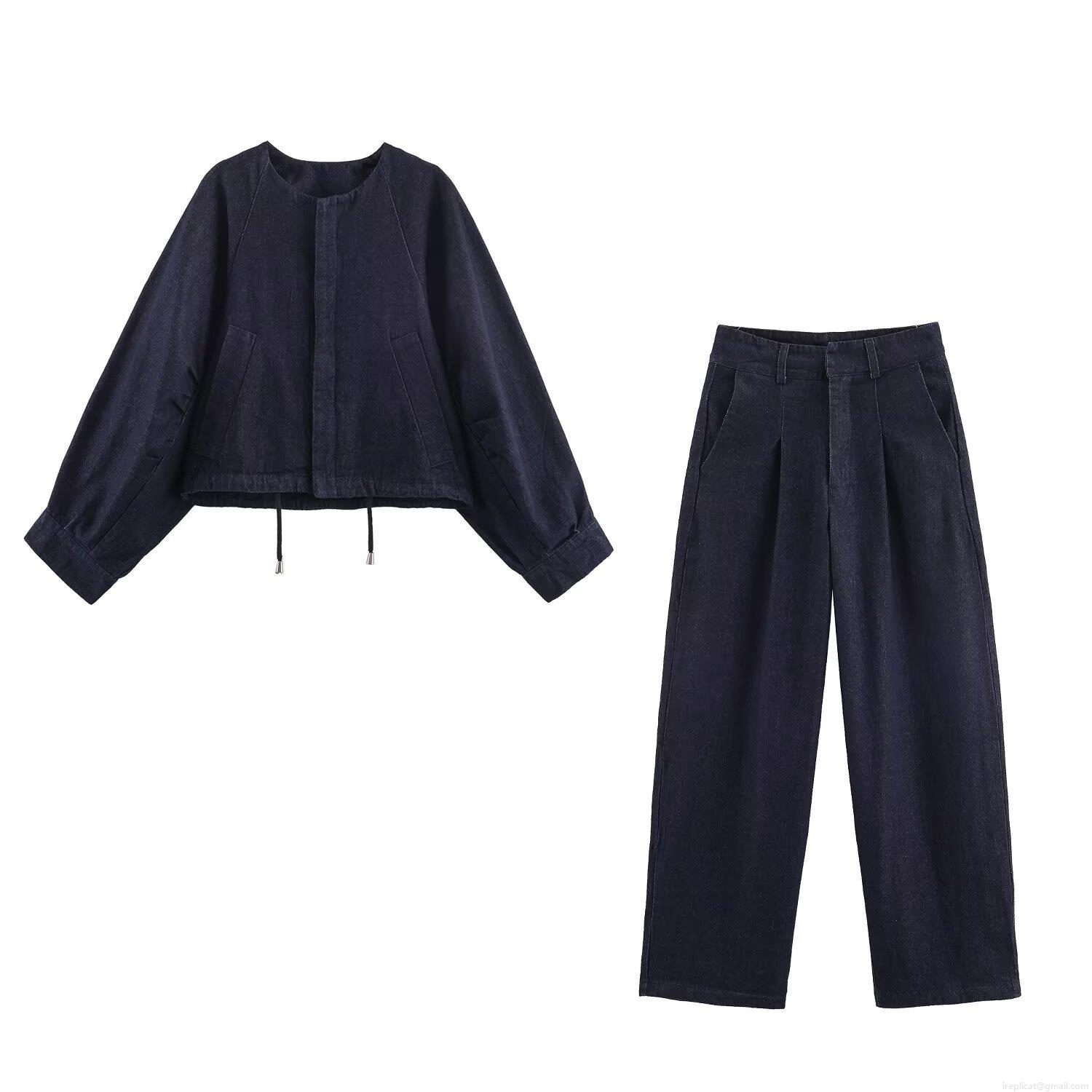 Women Casual Denim 2 Piece Set Round Neck Drawstring Short Jacket And High Waist Wide Leg Pants Set Solid Deep Blue Cotton Blend Streetwear Outfits Women Casual Denim 2 Piece Set Round Neck Drawstring Short Jacket And High Waist Wide Leg Pants Set Solid Deep Blue Cotton Blend Streetwear Outfits