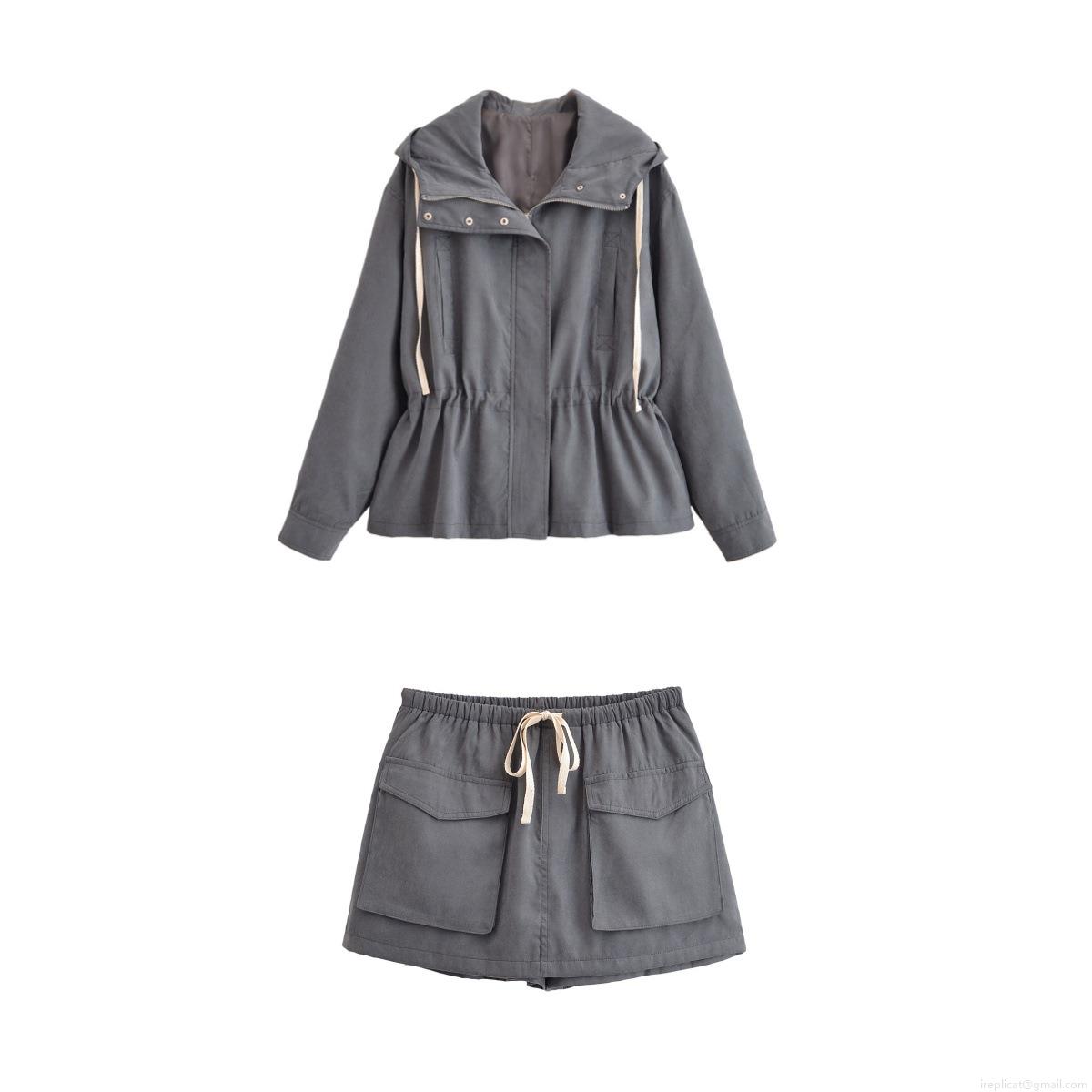 Women's 2-Piece Outfit Set 100% Polyester Hooded Drawstring Windbreaker Jacket and Cargo Skort Pants With Pockets Streetwear Autumn Casual Style Women's 2-Piece Outfit Set 100% Polyester Hooded Drawstring Windbreaker Jacket and Cargo Skort Pants With Pockets Streetwear Autumn Casual Style