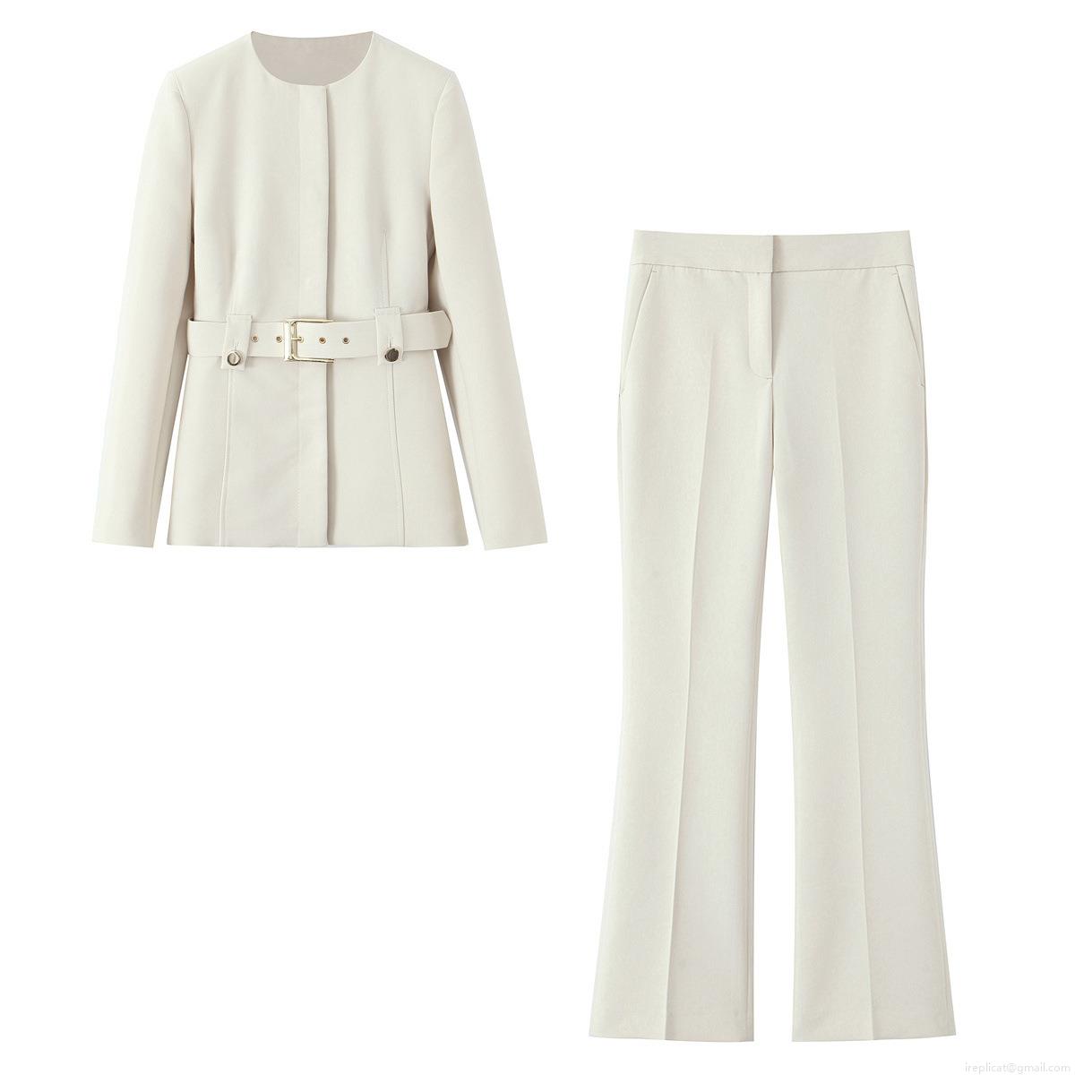 Women's 2 Piece Blazer Pants Set With Belt Elegant Round Neck Slim Fit Office Lady Suit Solid Color Streetwear Outerwear And Trousers For Fall Women's 2 Piece Blazer Pants Set With Belt Elegant Round Neck Slim Fit Office Lady Suit Solid Color Streetwear Outerwear And Trousers For Fall