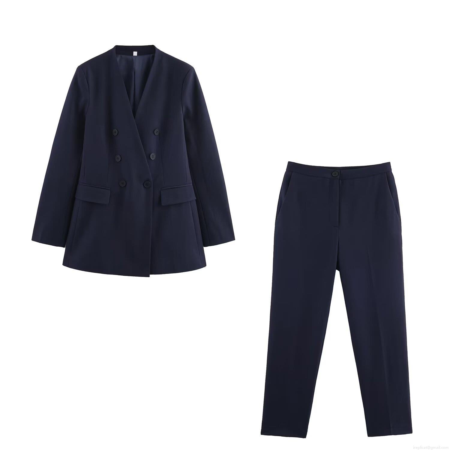 Women's Two Piece Suit Set Double Breasted V Neck Blazer And High Waist Straight Leg Trousers Navy Blue Polyester Modern Office Business Formal Street Style Outfit Women's Two Piece Suit Set Double Breasted V Neck Blazer And High Waist Straight Leg Trousers Navy Blue Polyester Modern Office Business Formal Street Style Outfit