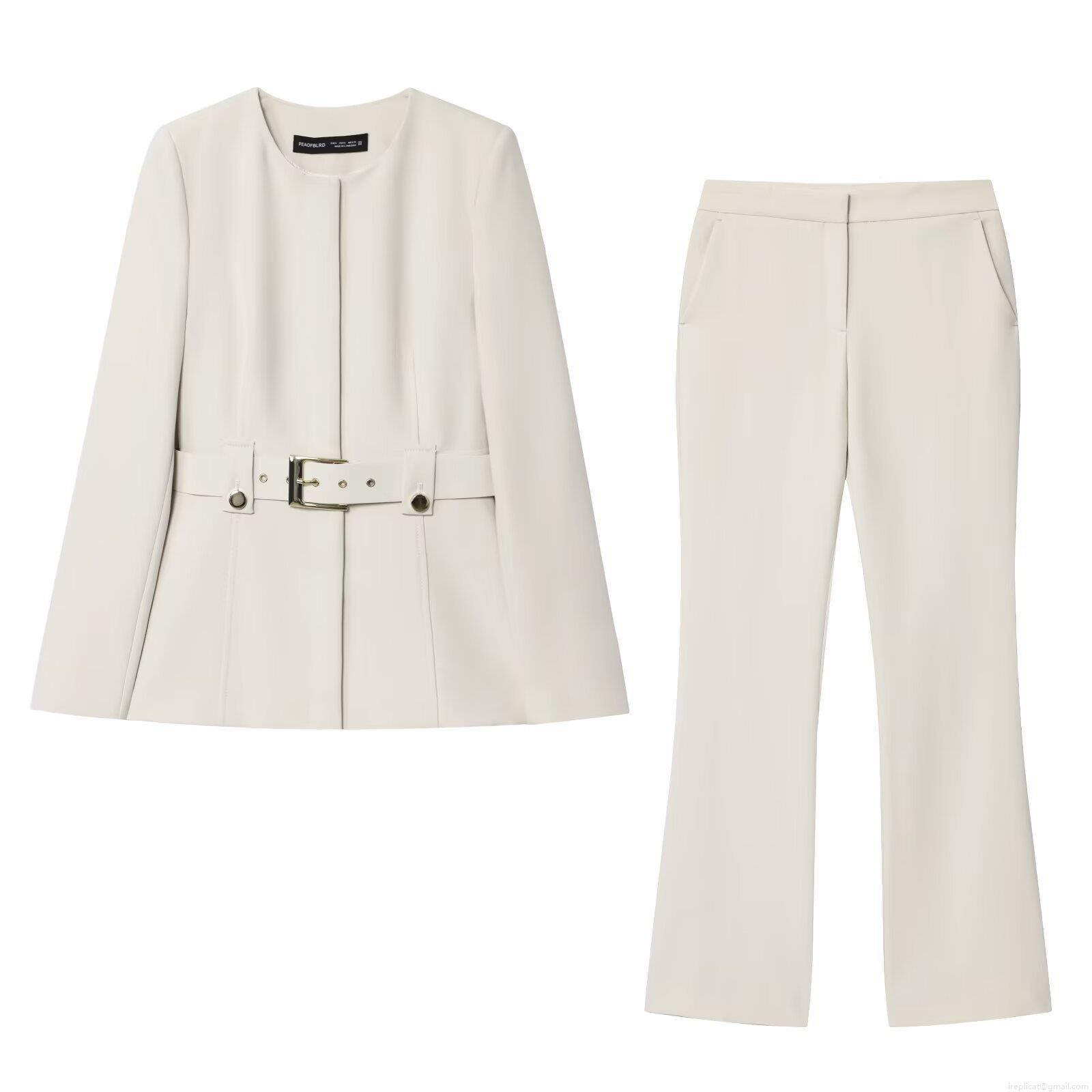 Women's Business Casual Suit Set Round Neck Long Sleeve Blazer Jacket With Belt And High Waist Flared Pants Two Piece Professional Office Outfit Cream Women's Business Casual Suit Set Round Neck Long Sleeve Blazer Jacket With Belt And High Waist Flared Pants Two Piece Professional Office Outfit Cream