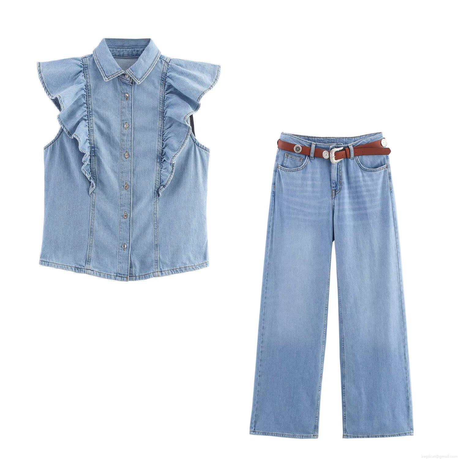 Women's Western Style Denim Two Piece Set Ruffle Sleeveless Vest Top And High Waist Wide Leg Jeans With Belt Casual Streetwear Autumn Outfit