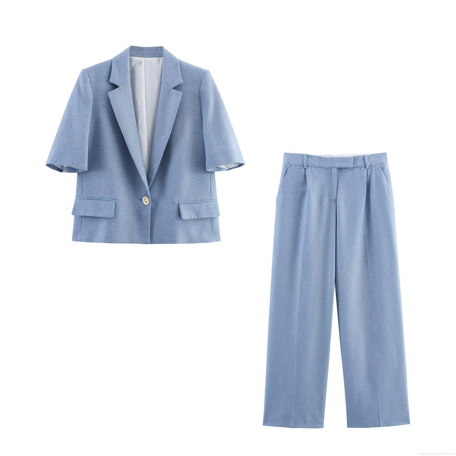 Women's 2 Piece Suit Outfit Short Sleeve Notch Lapel Blazer and High Waist Straight Wide Leg Pants Set Casual Office Business Workwear Women's 2 Piece Suit Outfit Short Sleeve Notch Lapel Blazer and High Waist Straight Wide Leg Pants Set Casual Office Business Workwear