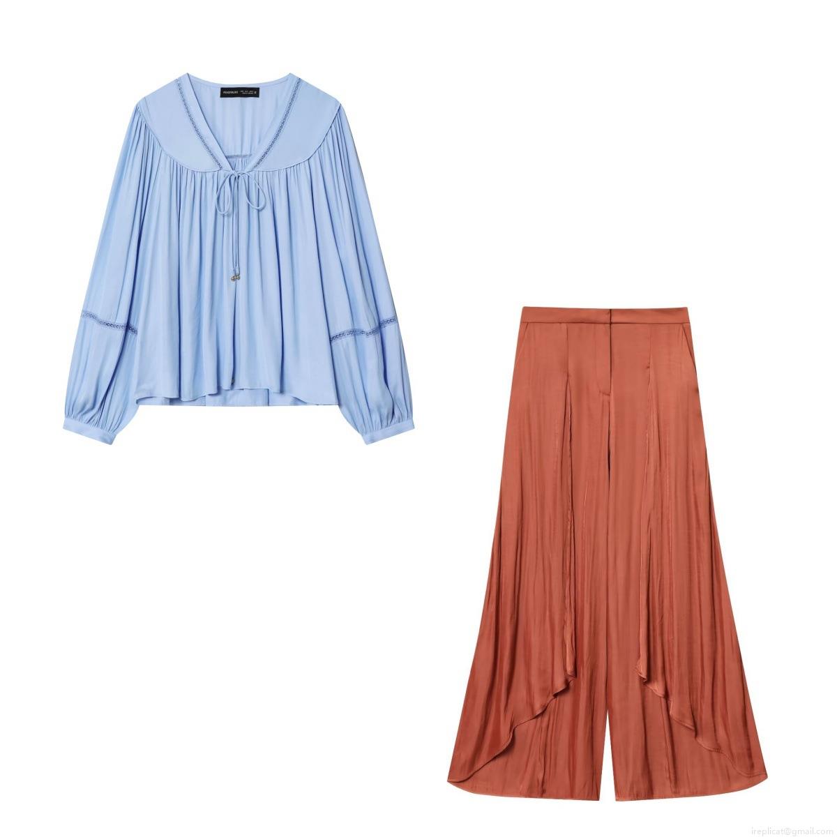 Women Elegant Long Sleeve V Neck Tie Front Chiffon Shirt And High Waist Satin Wide Leg Pants Casual Streetwear Two Piece Set Polyester Lace Splicing Outfits Women Elegant Long Sleeve V Neck Tie Front Chiffon Shirt And High Waist Satin Wide Leg Pants Casual Streetwear Two Piece Set Polyester Lace Splicing Outfits
