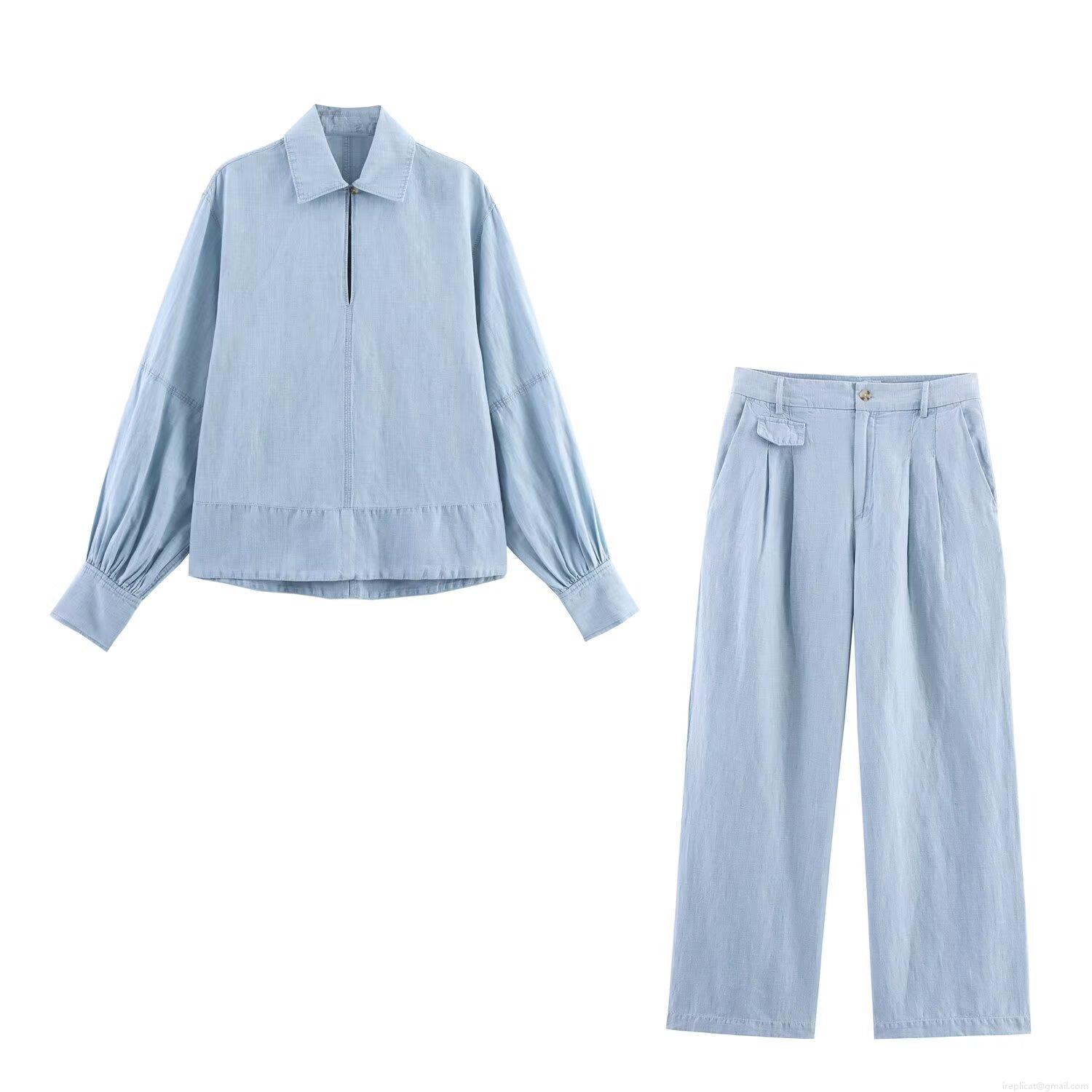 Women Western Style Light Blue Washed Denim Shirt And Wide Leg Pants Set Casual Distressed Solid Long Sleeve Top Two Piece Outfits Streetwear