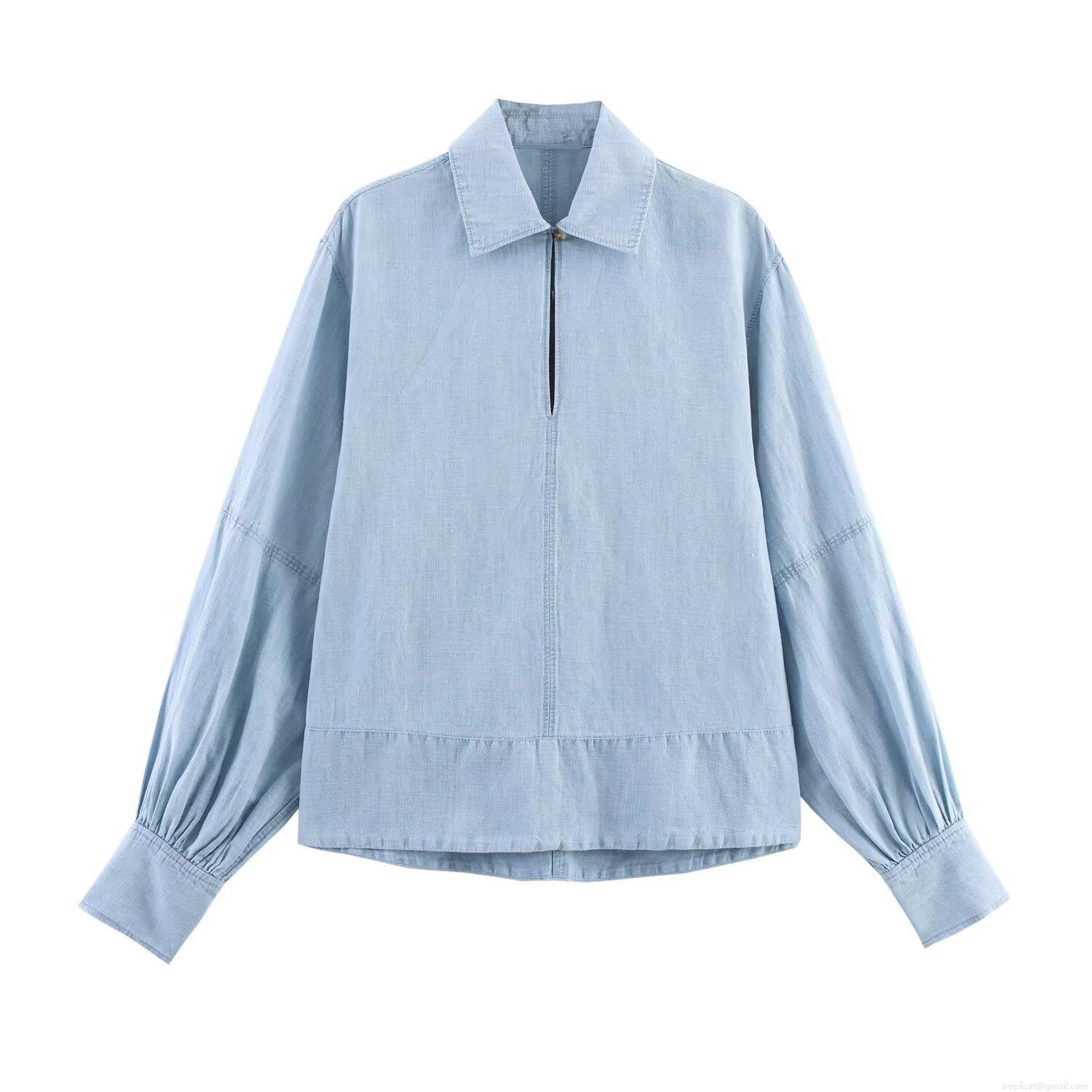 Women Western Style Light Blue Washed Denim Shirt And Wide Leg Pants Set Casual Distressed Solid Long Sleeve Top Two Piece Outfits Streetwear