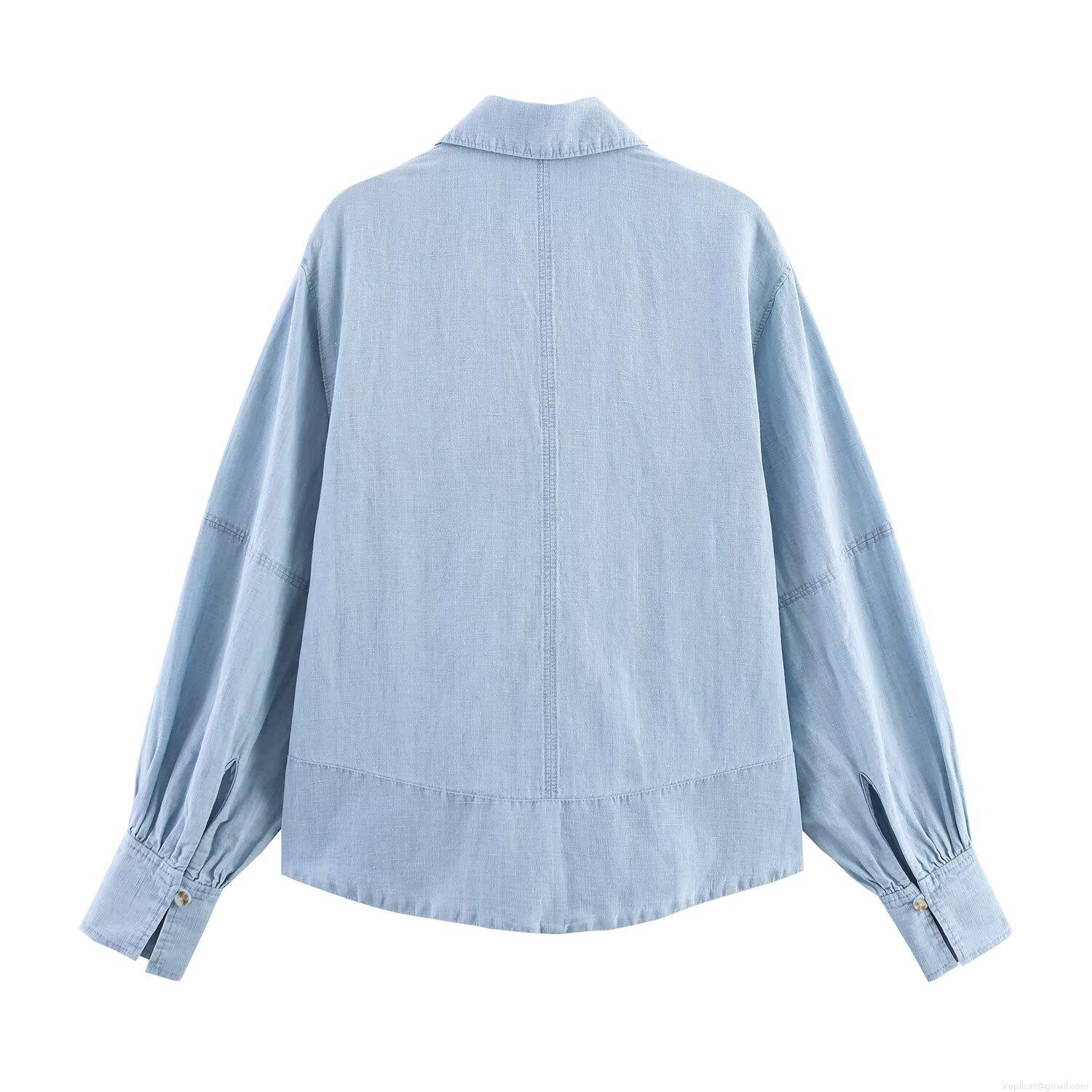 Women Western Style Light Blue Washed Denim Shirt And Wide Leg Pants Set Casual Distressed Solid Long Sleeve Top Two Piece Outfits Streetwear