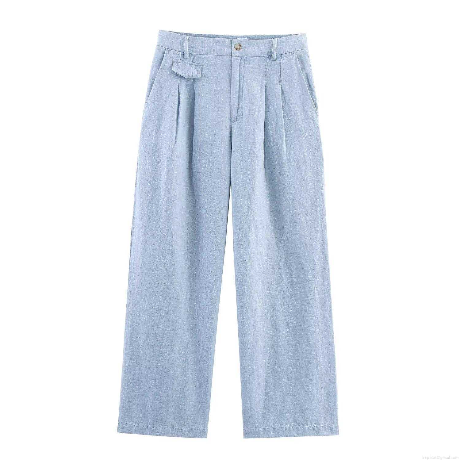 Women Western Style Light Blue Washed Denim Shirt And Wide Leg Pants Set Casual Distressed Solid Long Sleeve Top Two Piece Outfits Streetwear