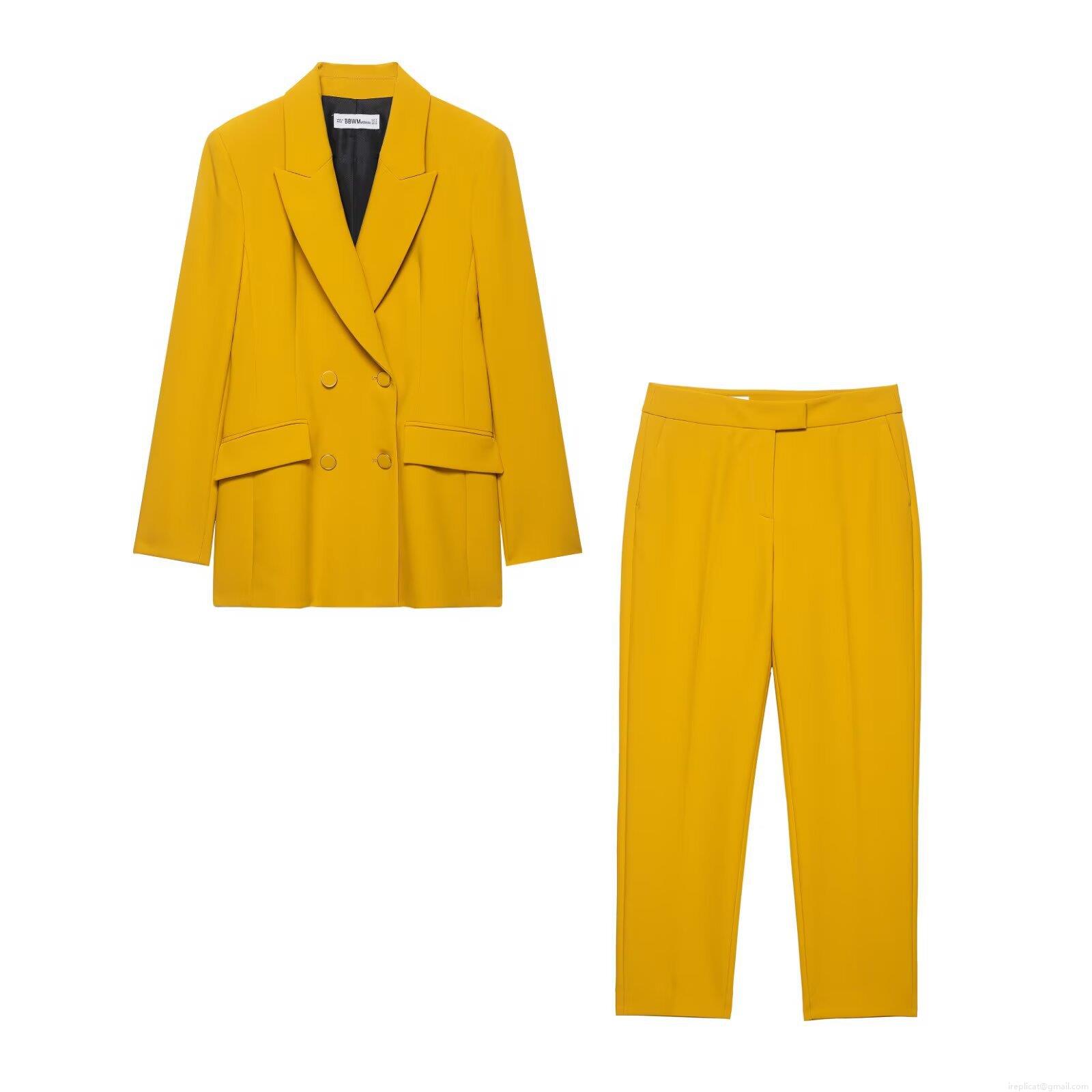 Women Western Style Blazer Pants Set 100% Polyester Double Breasted Padded Shoulder Blazer With High Waist Straight Leg Trousers Professional Office Daily Streetwear Ginger Yellow Two Piece Outfit