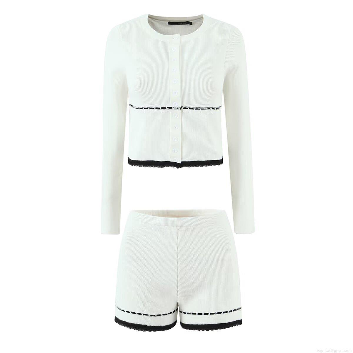Women's Ribbed Knit Two-Piece Set Contrast Black Lace Trim Long Sleeve Button Up Cardigan And Elastic Waist Shorts Set Casual Streetwear Loungewear Outfit Women's Ribbed Knit Two-Piece Set Contrast Black Lace Trim Long Sleeve Button Up Cardigan And Elastic Waist Shorts Set Casual Streetwear Loungewear Outfit