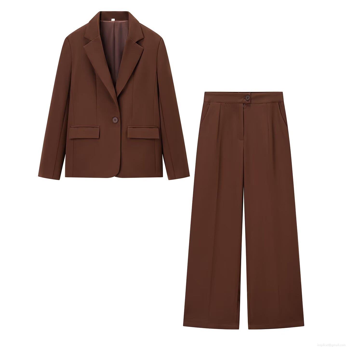 Women\'s Two-Piece Suit Set Solid Color Single Button Blazer And High Waist Wide Leg Pants Set Professional Business Casual Streetwear Outfits For Women Autumn Winter