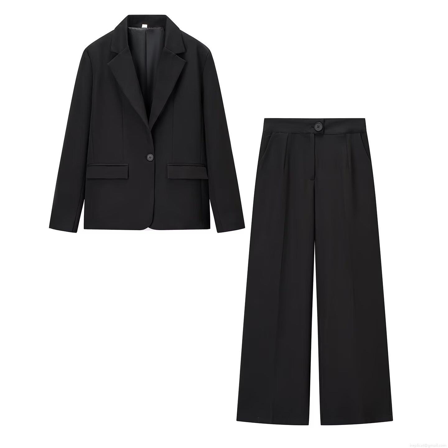 Women\'s Two-Piece Suit Set Solid Color Single Button Blazer And High Waist Wide Leg Pants Set Professional Business Casual Streetwear Outfits For Women Autumn Winter