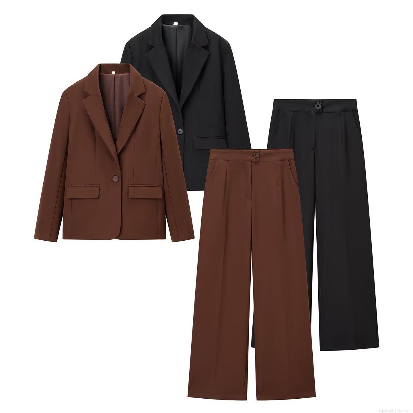Women\'s Two-Piece Suit Set Solid Color Single Button Blazer And High Waist Wide Leg Pants Set Professional Business Casual Streetwear Outfits For Women Autumn Winter